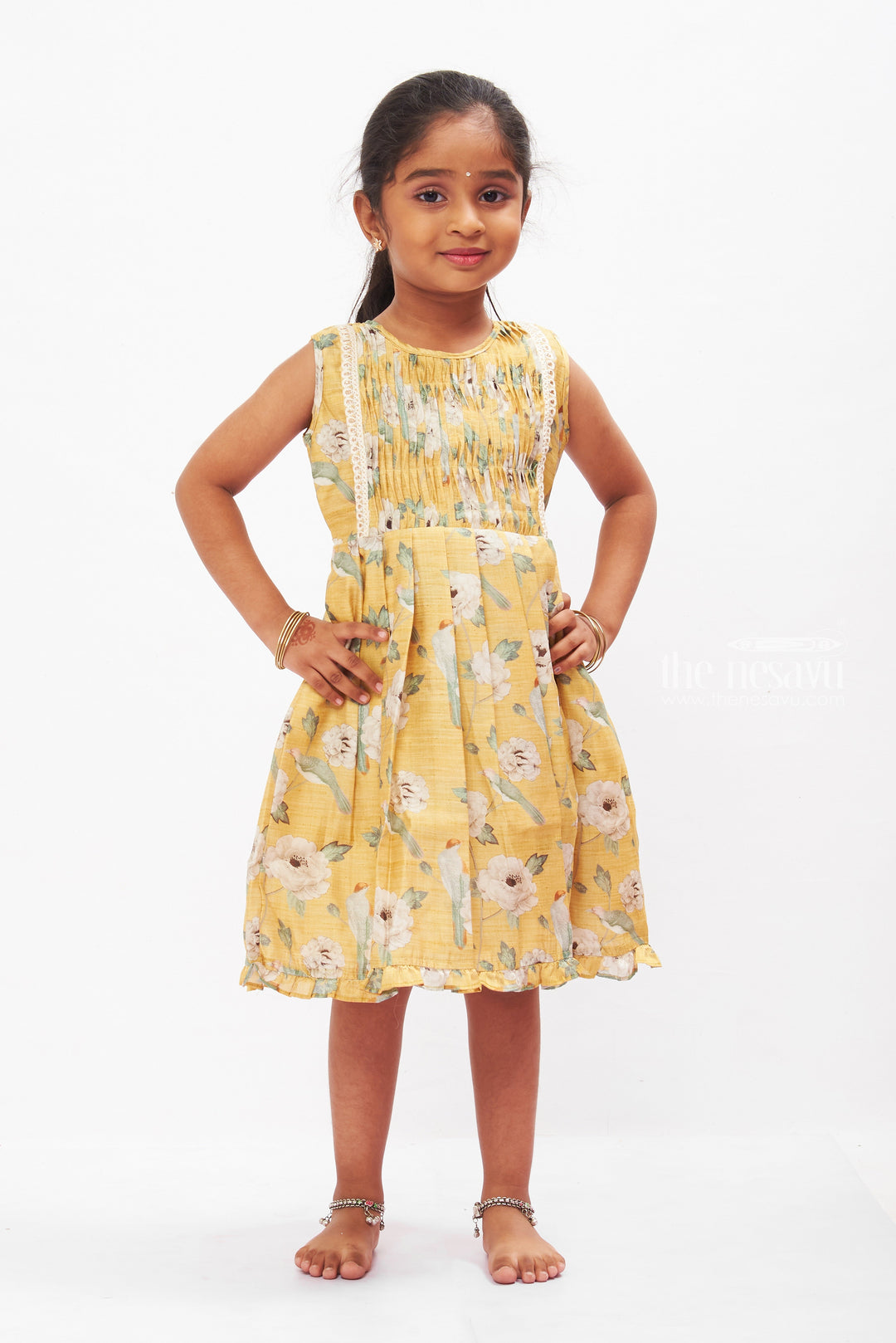 The Nesavu Girls Cotton Frock Pastoral Elegance Yellow Chanderi Cotton Frock for Girls Nesavu 16 (1Y) / Yellow / Cotton GFC1255A-16 Girls Yellow Floral Cotton Frock | Summer & Spring Kids Fashion | The Nesavu