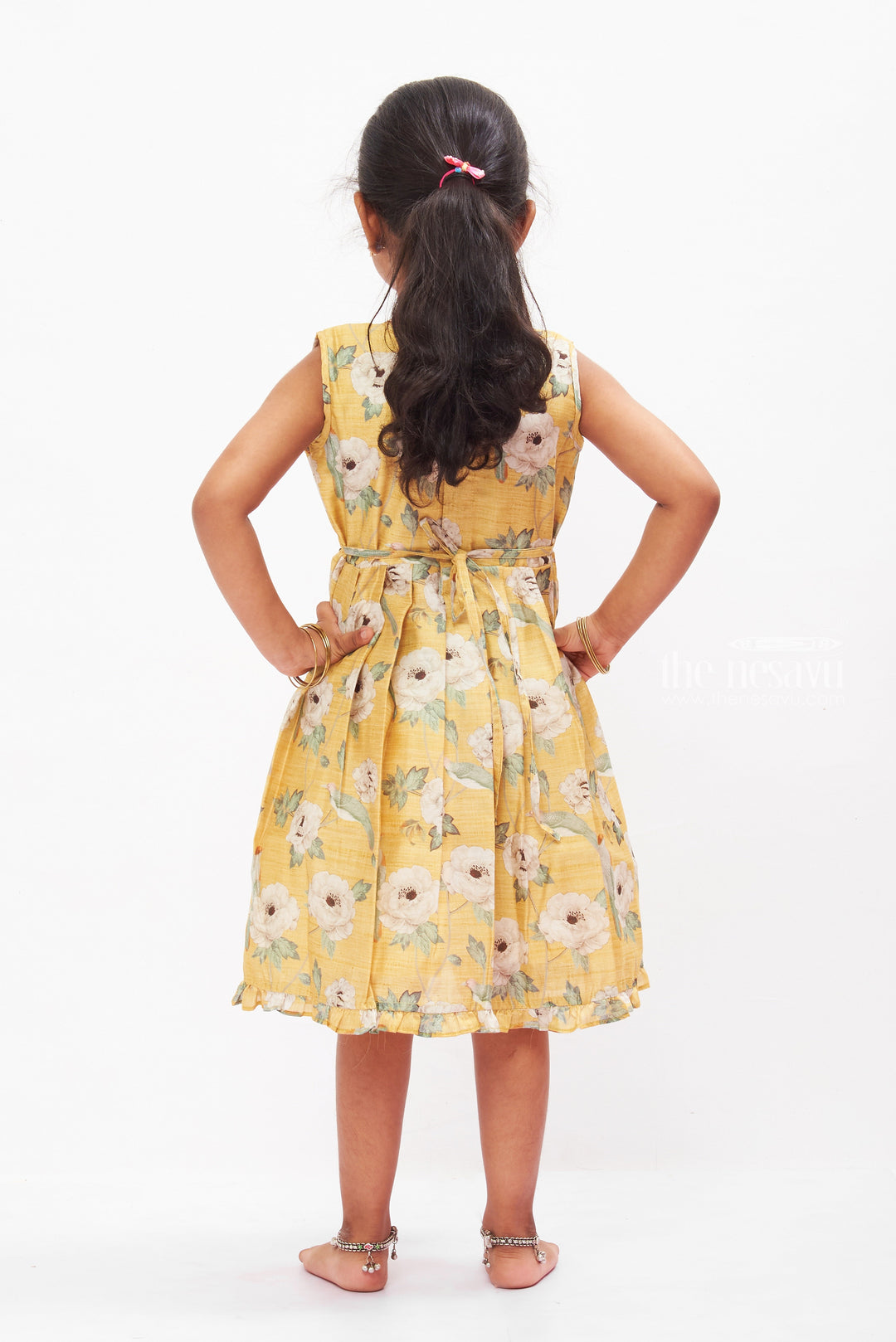 The Nesavu Girls Cotton Frock Pastoral Elegance Yellow Chanderi Cotton Frock for Girls Nesavu Girls Yellow Floral Cotton Frock | Summer & Spring Kids Fashion | The Nesavu