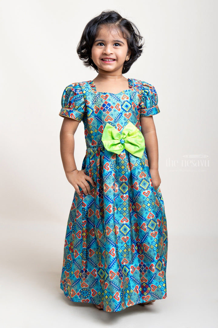 The Nesavu Silk Gown Patola Printed Blue Anarkali With Bow Embellishment For Girls Nesavu 16 (1Y) / multicolor / Silk Blend GA128 Silk Cotton Anarkali For Baby Girls | Ethnic Wear Dresses | The Nesavu