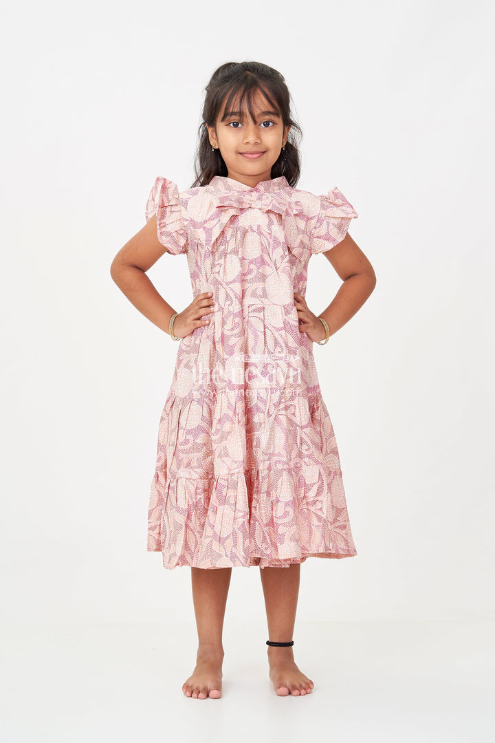 The Nesavu Girls Cotton Frock Pattern Frock for Girls in Modal Silk with Kantha Style Digital Print and Front Bow Detail Nesavu 18 (2Y) / Pink GFC1697B-18 Nesavu Pattern Frock Girls Modal Silk with Kantha Style digital print Frill Sleeves