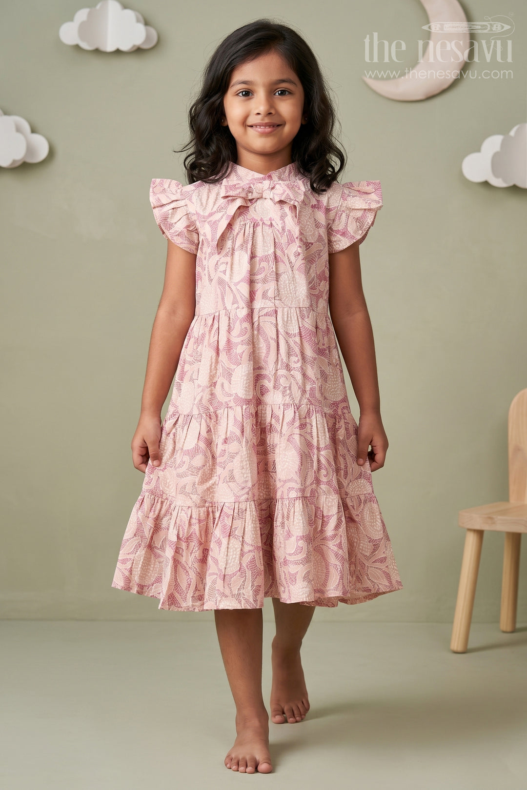 The Nesavu Girls Cotton Frock Pattern Frock for Girls in Modal Silk with Kantha Style Digital Print and Front Bow Detail Nesavu 18 (2Y) / Pink GFC1697B-18 Pattern Frock Girls Modal Silk with Kantha Style digital print Frill Sleeves | The Nesavu