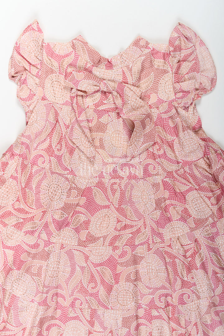 The Nesavu Girls Cotton Frock Pattern Frock for Girls in Modal Silk with Kantha Style Digital Print and Front Bow Detail Nesavu Nesavu Pattern Frock Girls Modal Silk with Kantha Style digital print Frill Sleeves