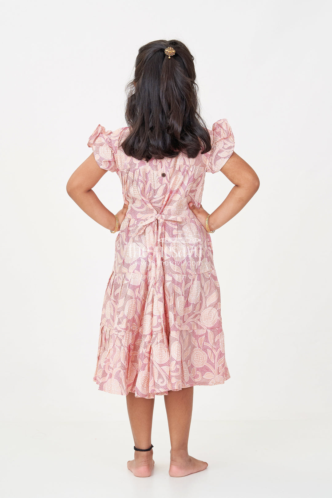 The Nesavu Girls Cotton Frock Pattern Frock for Girls in Modal Silk with Kantha Style Digital Print and Front Bow Detail Nesavu Nesavu Pattern Frock Girls Modal Silk with Kantha Style digital print Frill Sleeves
