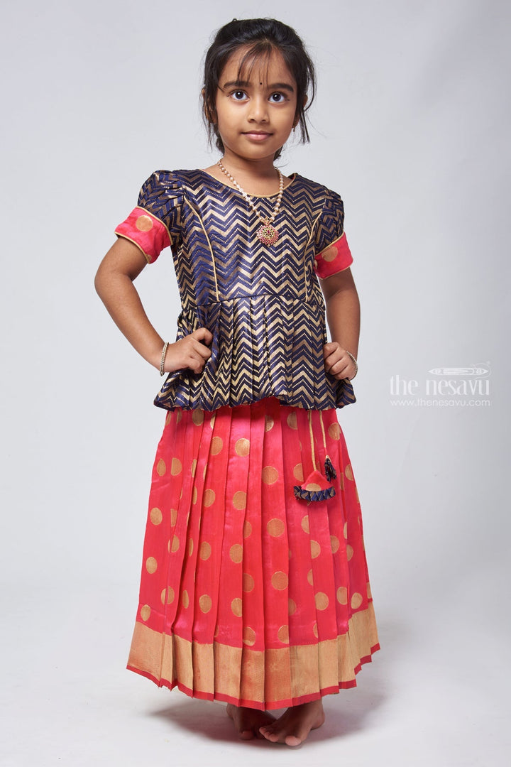 The Nesavu Pattu Pavadai Pattu Pavadai Brocade Peplum Blouse with Zari Banarasi Langa - South Indian Elegance for Girls Nesavu 14 (6M) / Pink / Silk Blend GPP307B-14 Designer Pattu Langa Voni For Girls | Traditional Pattu Pavadai Sattai | The Nesavu