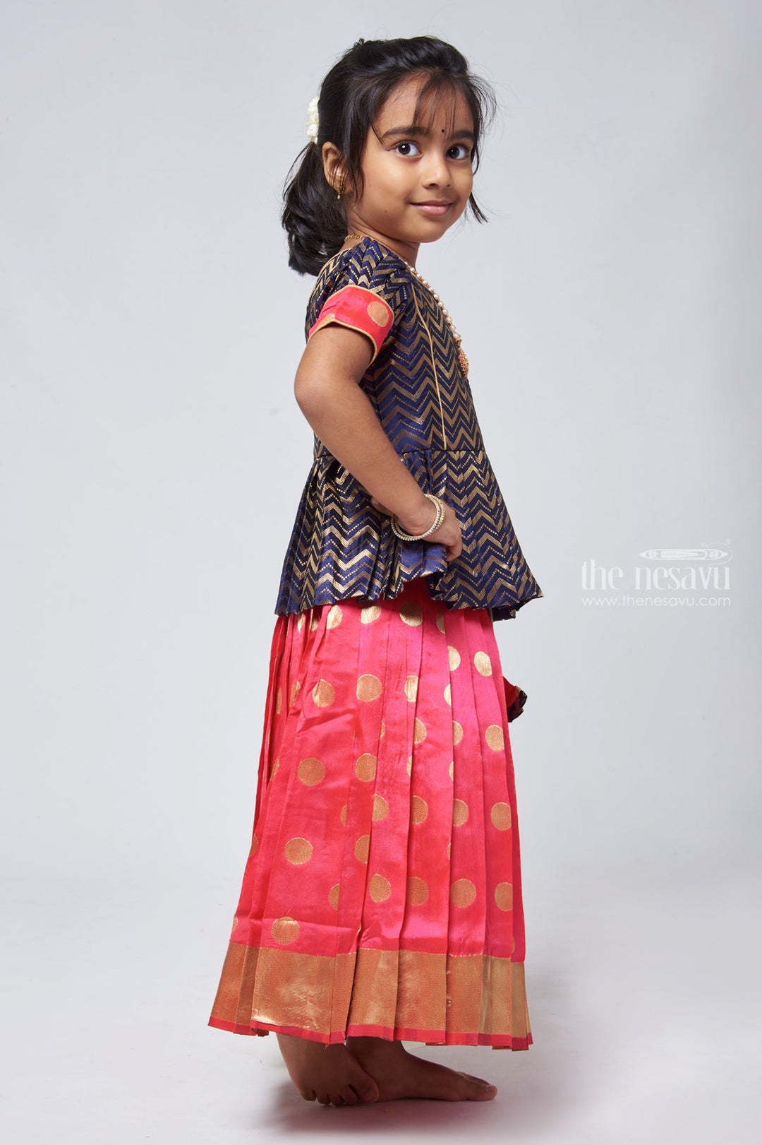 The Nesavu Pattu Pavadai Pattu Pavadai Brocade Peplum Blouse with Zari Banarasi Langa - South Indian Elegance for Girls Nesavu Designer Pattu Langa Voni For Girls | Traditional Pattu Pavadai Sattai | The Nesavu