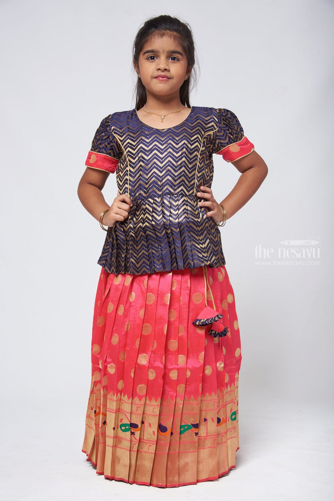 The Nesavu Pattu Pavadai Pattu Pavadai Brocade Peplum Blouse with Zari Banarasi Langa - South Indian Elegance for Girls Nesavu Designer Pattu Langa Voni For Girls | Traditional Pattu Pavadai Sattai | The Nesavu