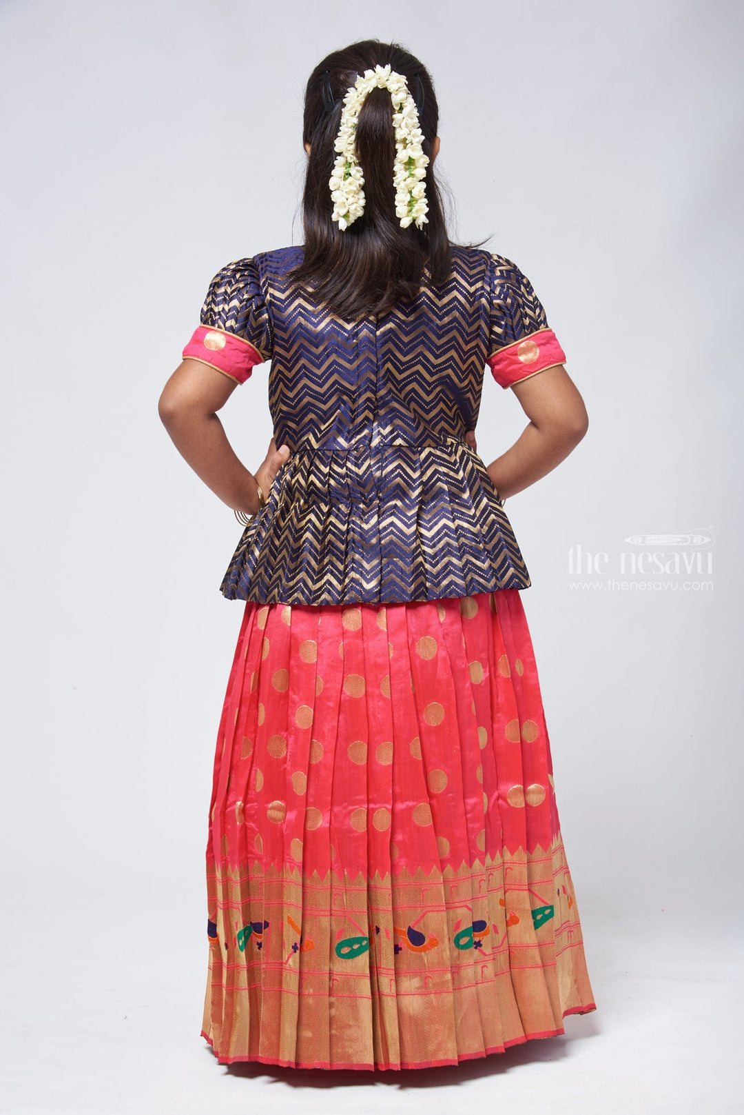 The Nesavu Pattu Pavadai Pattu Pavadai Brocade Peplum Blouse with Zari Banarasi Langa - South Indian Elegance for Girls Nesavu Designer Pattu Langa Voni For Girls | Traditional Pattu Pavadai Sattai | The Nesavu