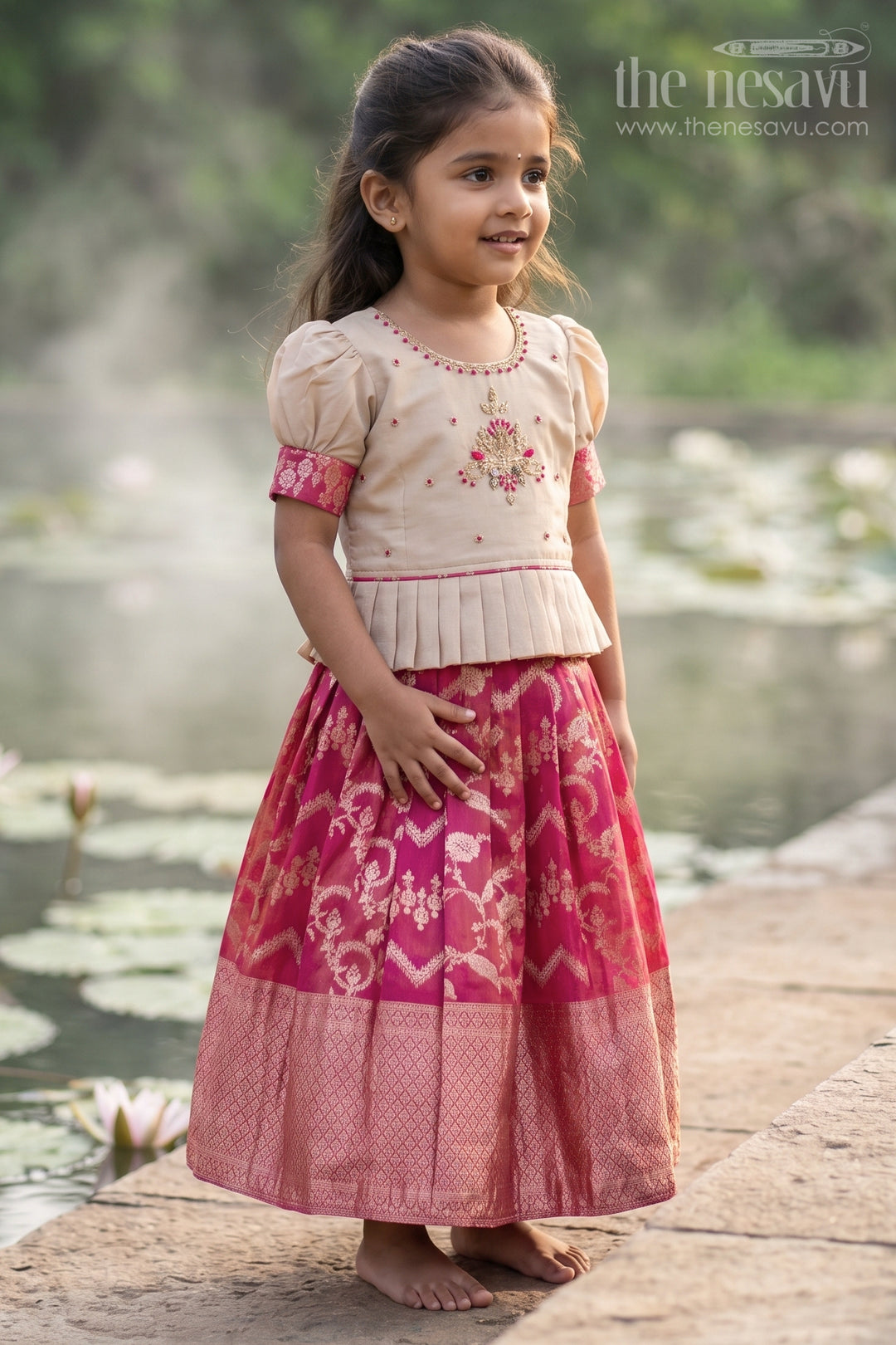 The Nesavu Pattu Pavadai Pattu Pavadai for Girls for Festive Occasions and Traditional Events Nesavu 16 (1Y) / Maroon / Silk Blend GPP380A-16 Nesavu Girls Pattu Pavadai Set For Festive Occasions With Silk Blend And Tissue Skirt Traditional Design