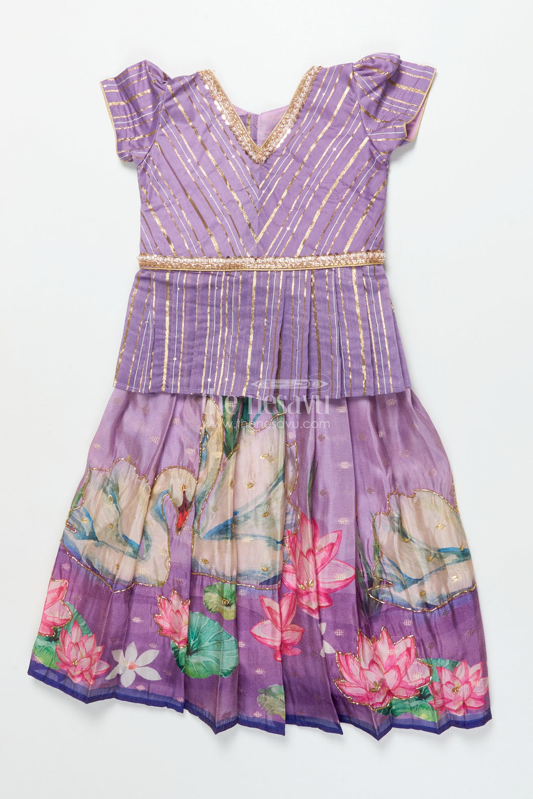 The Nesavu Pattu Pavadai Pattu Pavadai for Toddler Girl with Banaras Silk Yoke for Weddings and Festivals Nesavu 18 (2Y) / Purple GPP344A-18 Nesavu toddler girl pattu pavadai with Banaras silk yoke and semi Banaras skirt for weddings and festive wear