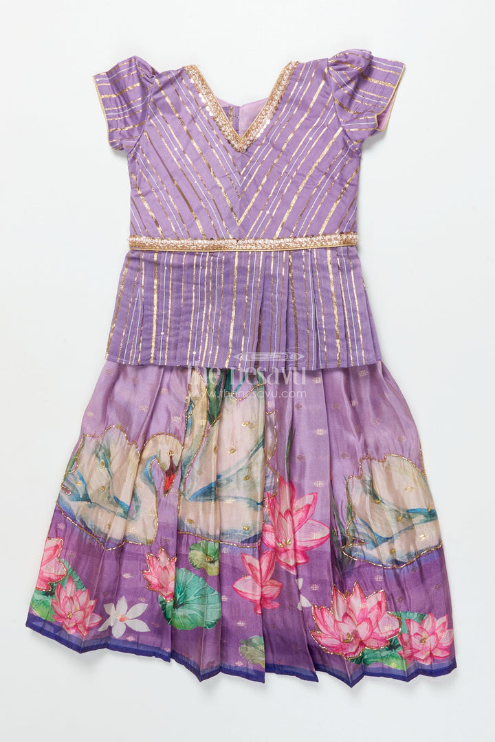 The Nesavu Pattu Pavadai Pattu Pavadai for Toddler Girl with Banaras Silk Yoke for Weddings and Festivals Nesavu 18 (2Y) / Purple GPP344A-18 Nesavu toddler girl pattu pavadai with Banaras silk yoke and semi Banaras skirt for weddings and festive wear