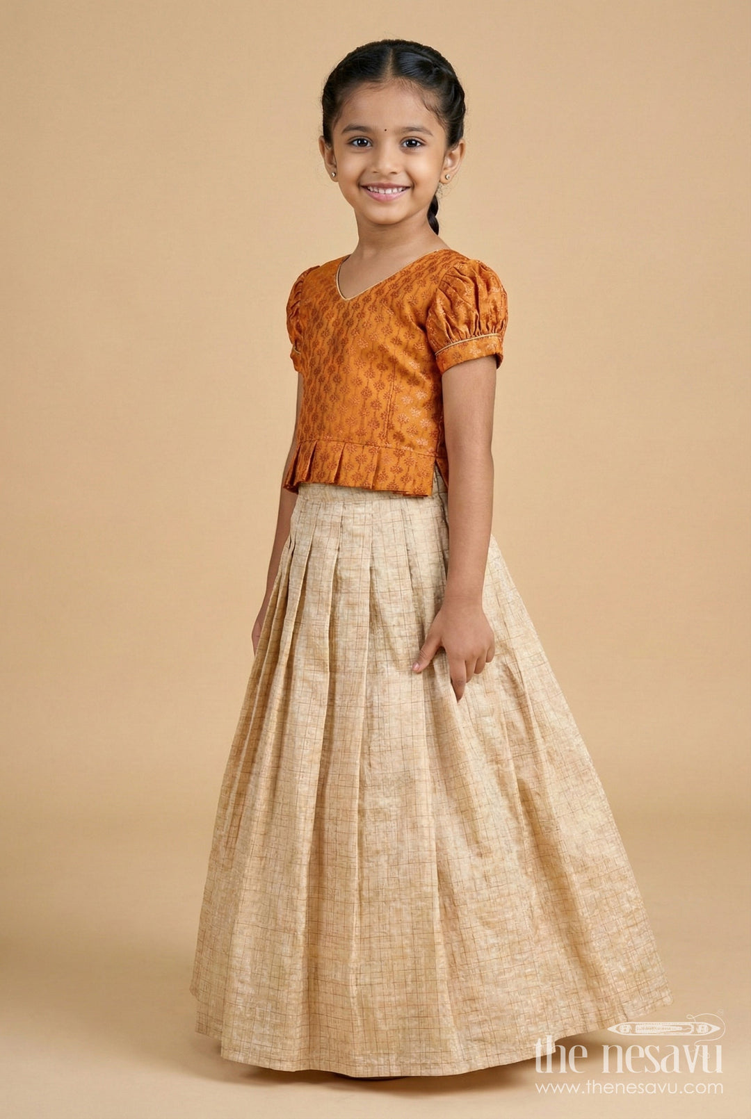 The Nesavu Pattu Pavadai Pattu Pavadai for Toddler Girls Ideal for Temple Visits and Cultural Programs Nesavu 18 (2Y) / Brown GL815A-18 Nesavu pattu pavadai toddler girls semi-banaras yoke  perfect temple visits ethnic school events