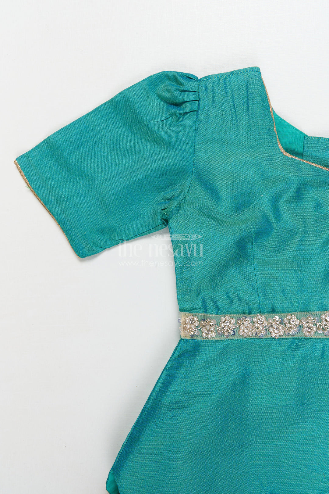 The Nesavu Pattu Pavadai Pattu Pavadai Set for Baby Girls’ Temple Visits and Festive Wear Nesavu 18 (2Y) / Turquoise / Banarasi GPP362B-18 Nesavu pattu pavadai set for baby girls with lotus skirt and scallop peplum blouse