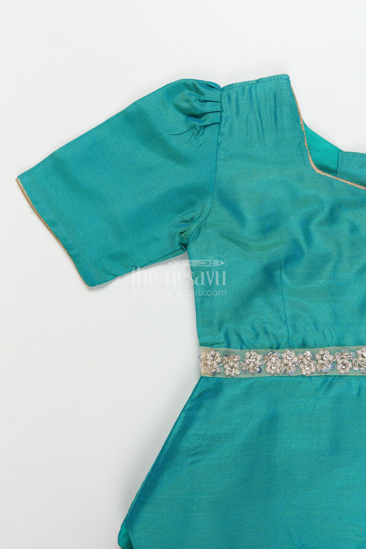 The Nesavu Pattu Pavadai Pattu Pavadai Set for Baby Girls’ Temple Visits and Festive Wear Nesavu 18 (2Y) / Turquoise / Banarasi GPP362B-18 Nesavu pattu pavadai set for baby girls with lotus skirt and scallop peplum blouse