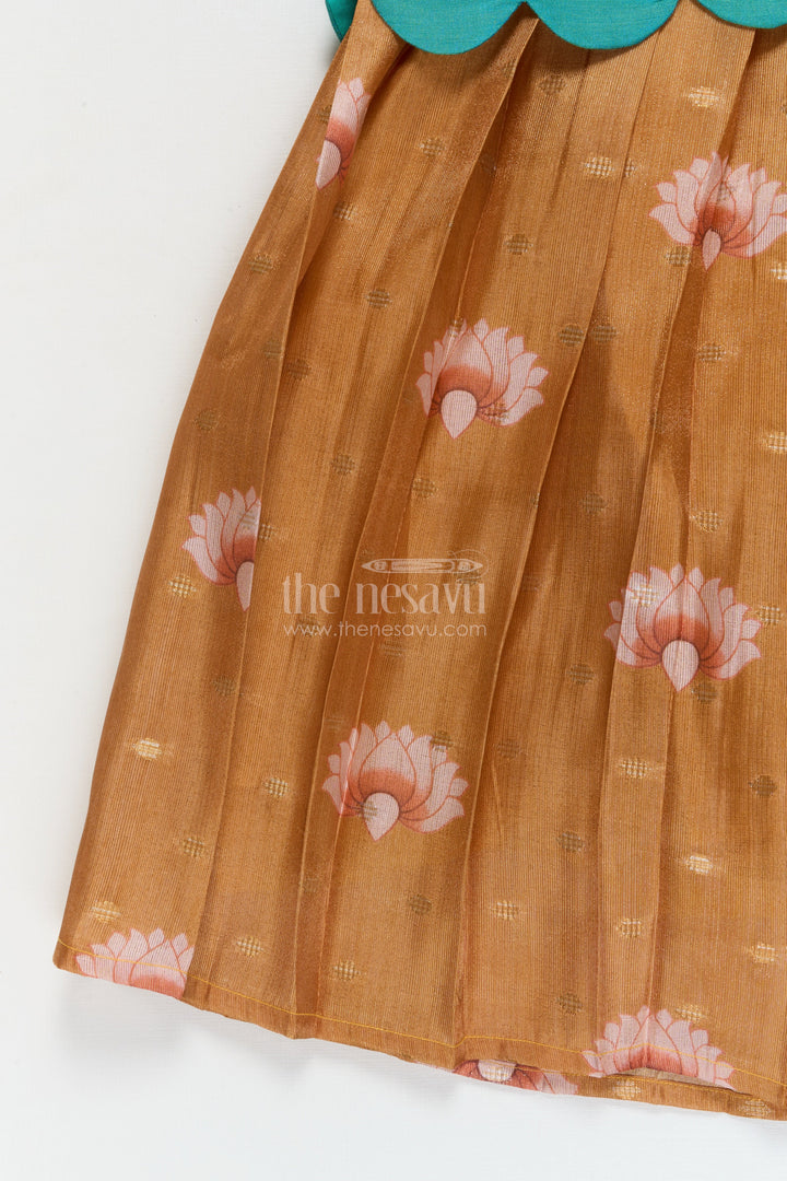 The Nesavu Pattu Pavadai Pattu Pavadai Set for Baby Girls’ Temple Visits and Festive Wear Nesavu 18 (2Y) / Turquoise / Banarasi GPP362B-18 Nesavu pattu pavadai set for baby girls with lotus skirt and scallop peplum blouse