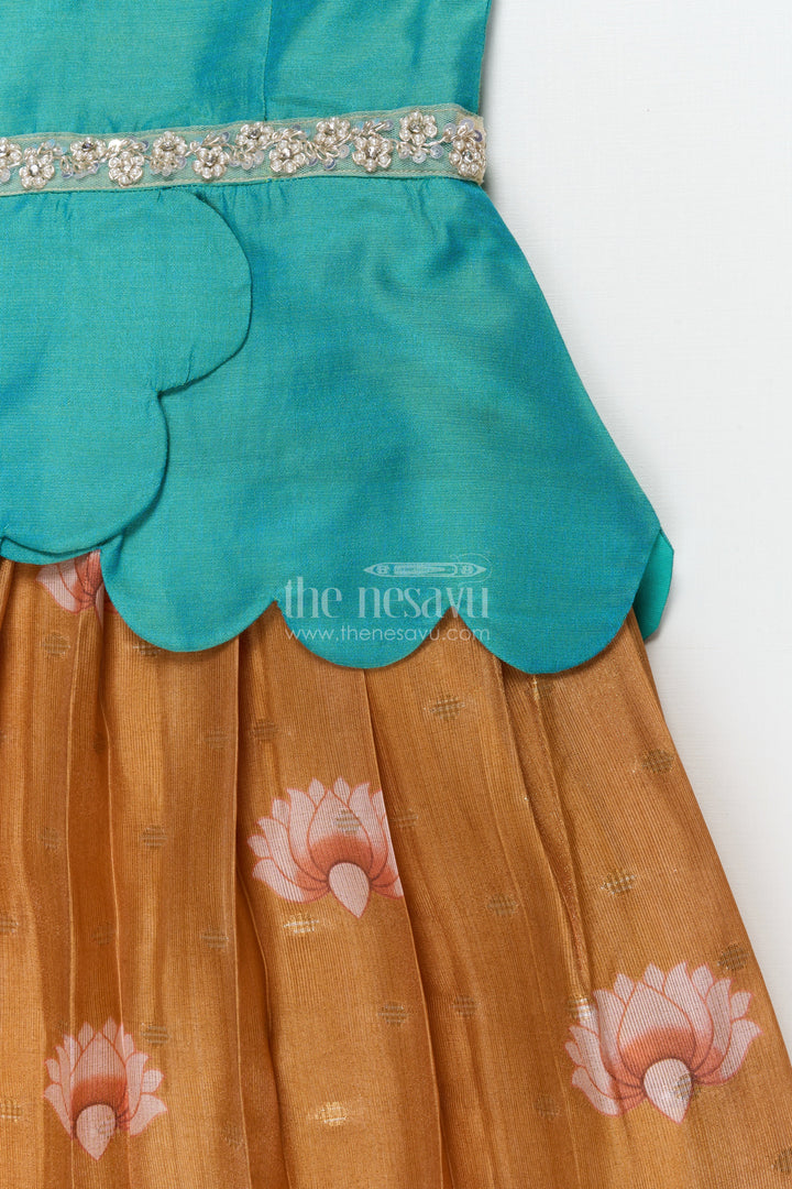 The Nesavu Pattu Pavadai Pattu Pavadai Set for Baby Girls’ Temple Visits and Festive Wear Nesavu 18 (2Y) / Turquoise / Banarasi GPP362B-18 Nesavu pattu pavadai set for baby girls with lotus skirt and scallop peplum blouse