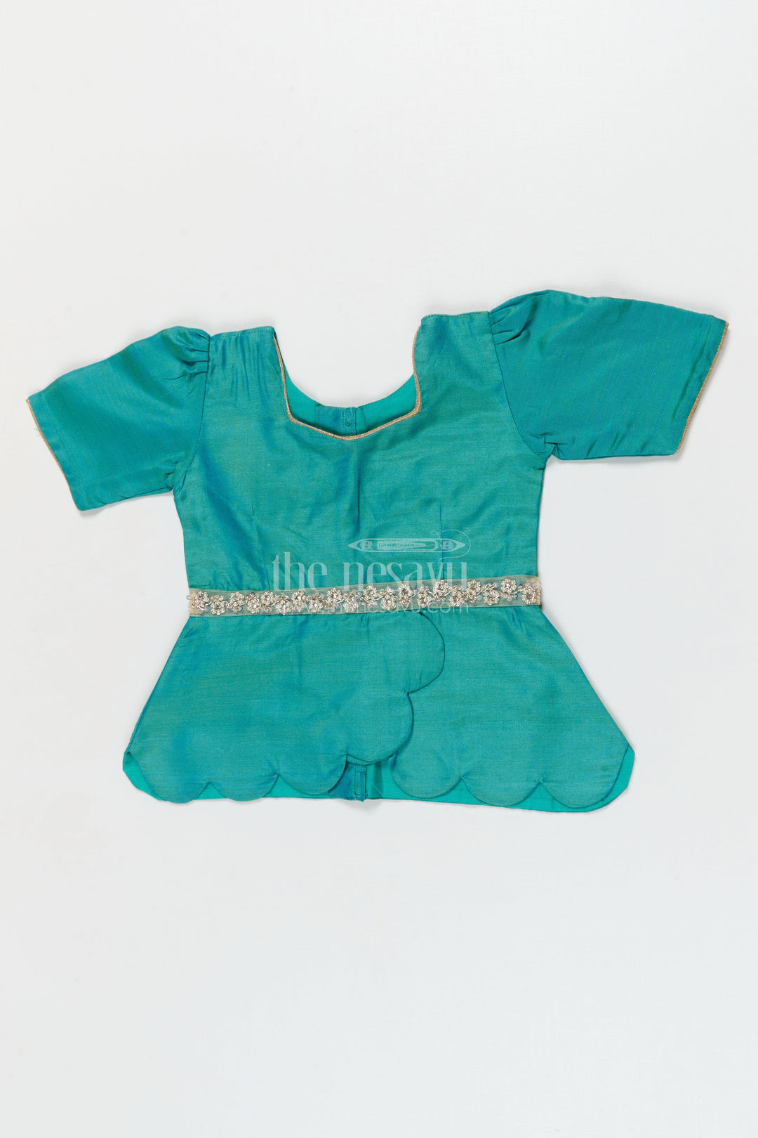 The Nesavu Pattu Pavadai Pattu Pavadai Set for Baby Girls’ Temple Visits and Festive Wear Nesavu 18 (2Y) / Turquoise / Banarasi GPP362B-18 Nesavu pattu pavadai set for baby girls with lotus skirt and scallop peplum blouse