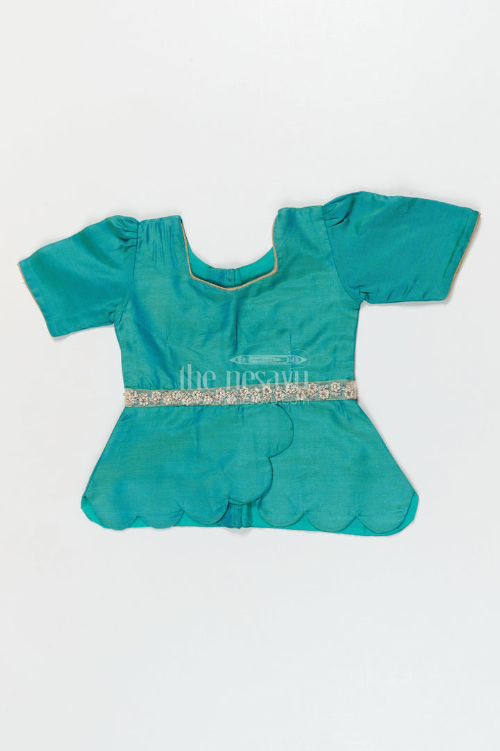 The Nesavu Pattu Pavadai Pattu Pavadai Set for Baby Girls’ Temple Visits and Festive Wear Nesavu 18 (2Y) / Turquoise / Banarasi GPP362B-18 Nesavu pattu pavadai set for baby girls with lotus skirt and scallop peplum blouse