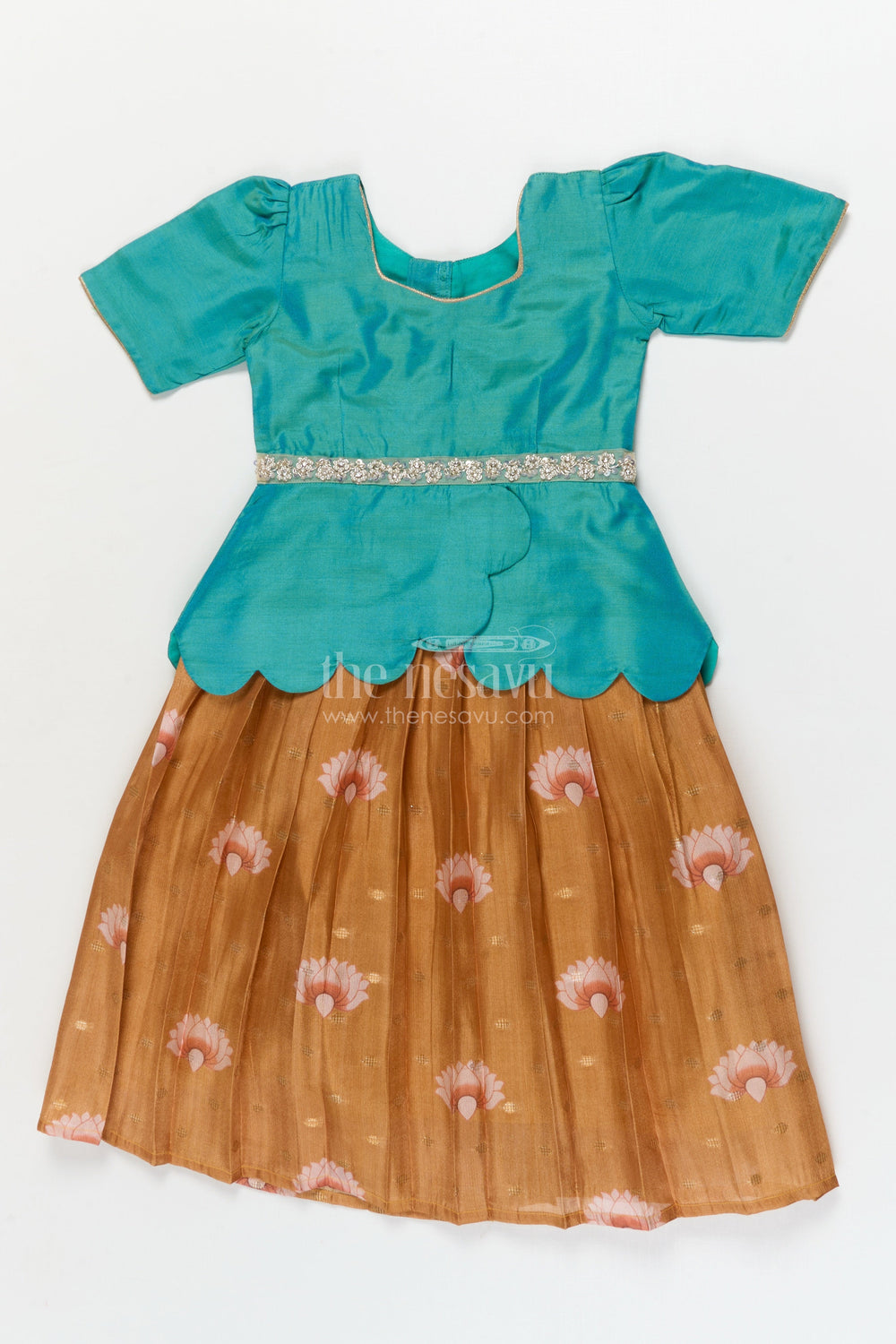 The Nesavu Pattu Pavadai Pattu Pavadai Set for Baby Girls’ Temple Visits and Festive Wear Nesavu 18 (2Y) / Turquoise / Banarasi GPP362B-18 Nesavu pattu pavadai set for baby girls with lotus skirt and scallop peplum blouse