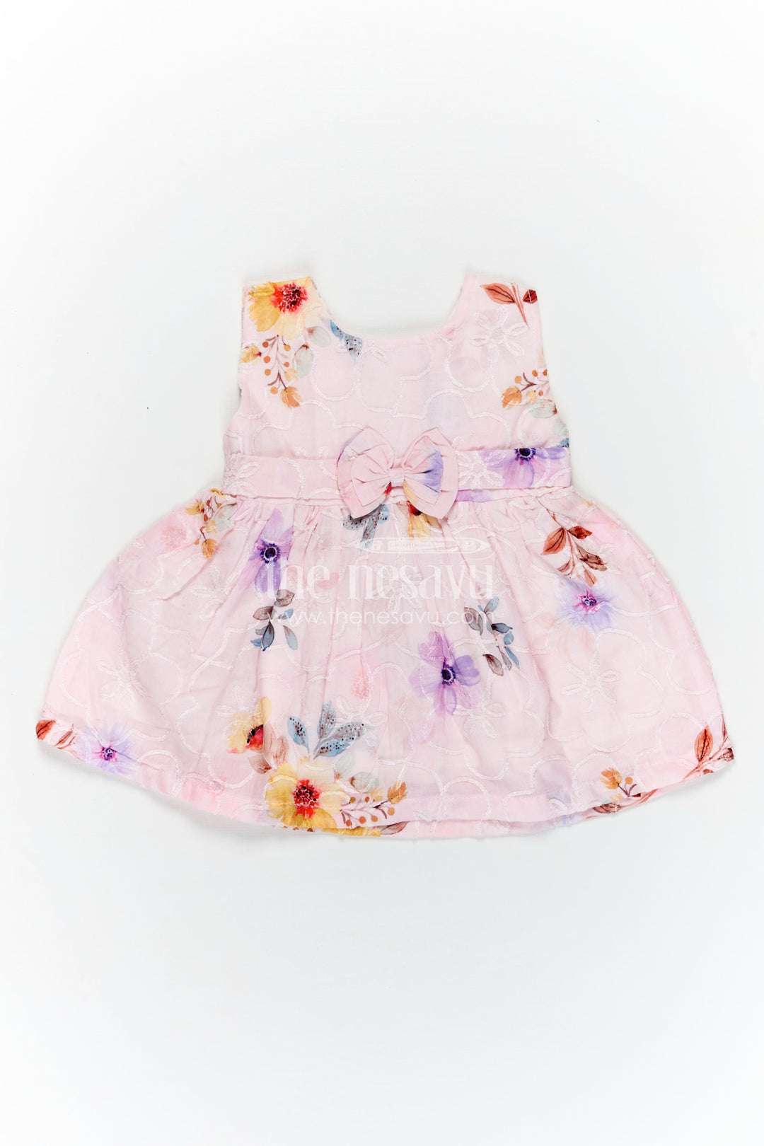 The Nesavu Baby Cotton Frocks Peach Birthday Frock for Baby Girls in Embroidered Cotton with Pastel Floral Print and Bow Nesavu 14 (6M) / Pink BFJ809A-14 Nesavu Peach Birthday Frock Baby Girls Embroidered Cotton Floral Print Bow Waist
