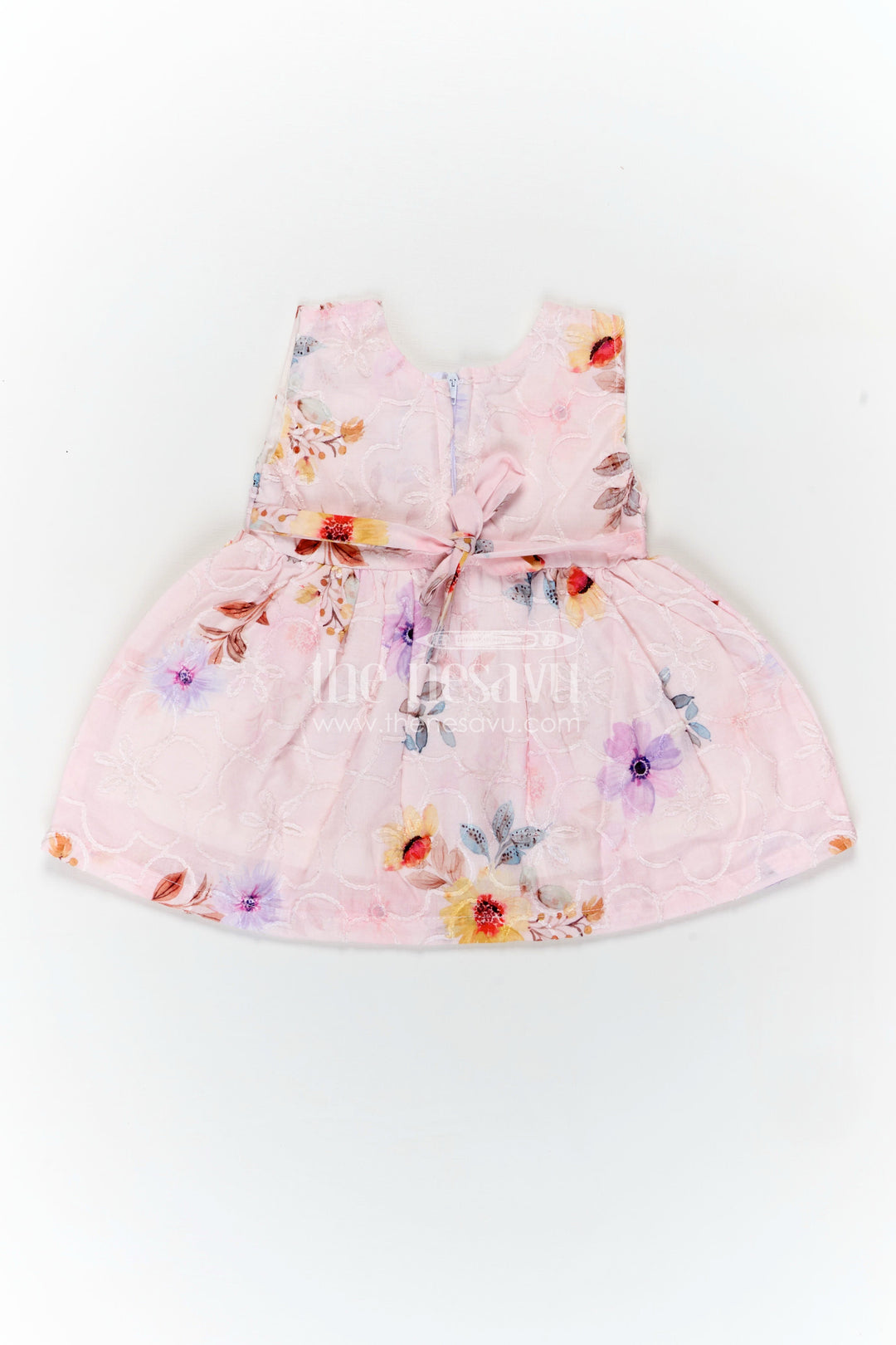 The Nesavu Baby Cotton Frocks Peach Birthday Frock for Baby Girls in Embroidered Cotton with Pastel Floral Print and Bow Nesavu Nesavu Peach Birthday Frock Baby Girls Embroidered Cotton Floral Print Bow Waist