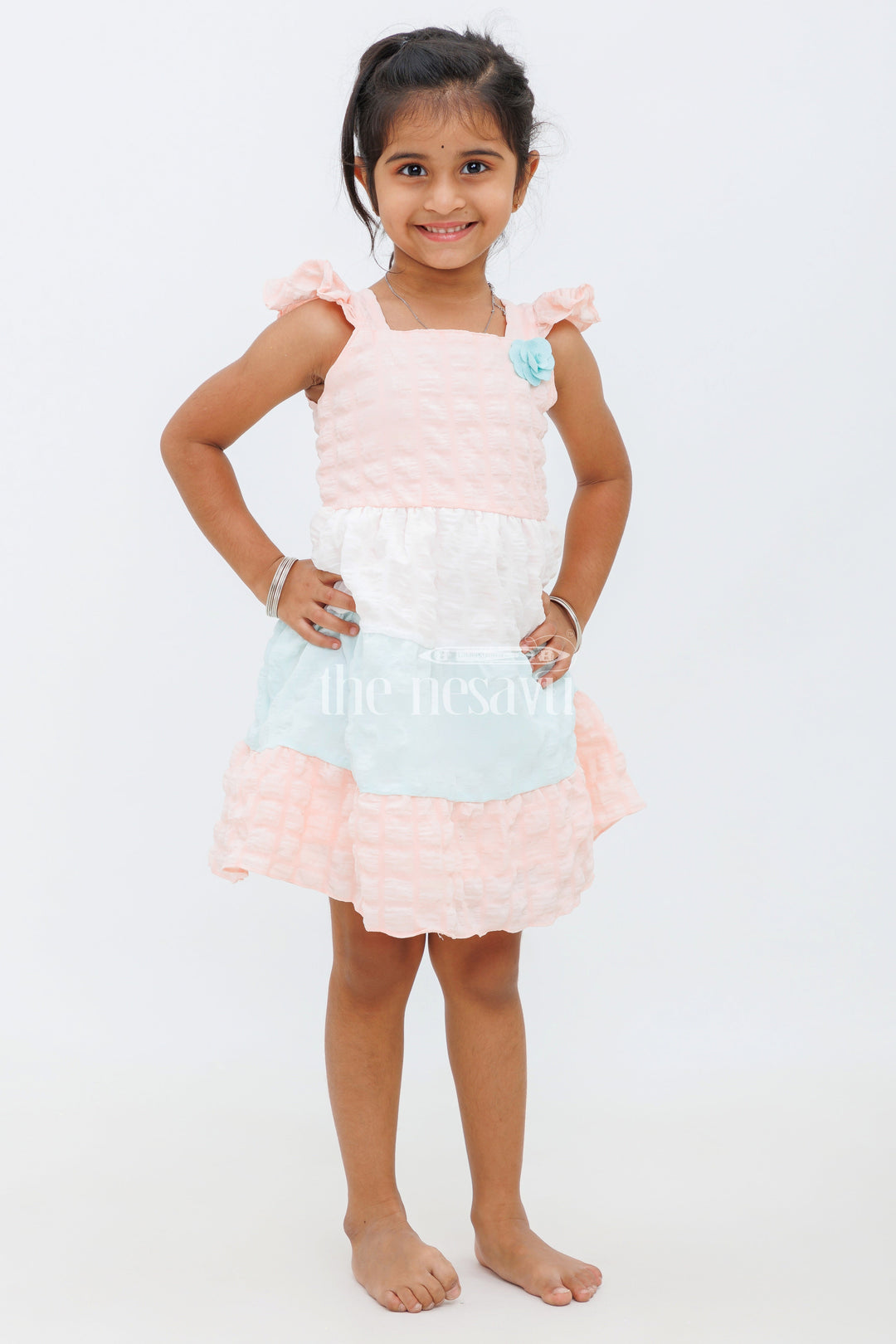 The Nesavu Baby Fancy Frock Peach Blended Popcorn Fabric Baby Frock with Floral Chest Design for Girls Nesavu 16 (1Y) / Peach BFJ628B-16 Peach Blended Popcorn Fabric Baby Frock with Floral Chest Design for Girls Nesavu