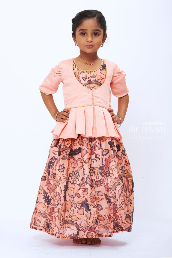 The Nesavu Girls Silk Gown Peach Blossom: Elegant Floral Peplum Anarkali Dress for Girls Nesavu 16 (1Y) / Salmon / Chanderi GA189A-16 Girls Peach Floral Peplum Dress | Modern with Traditional | The Nesavu