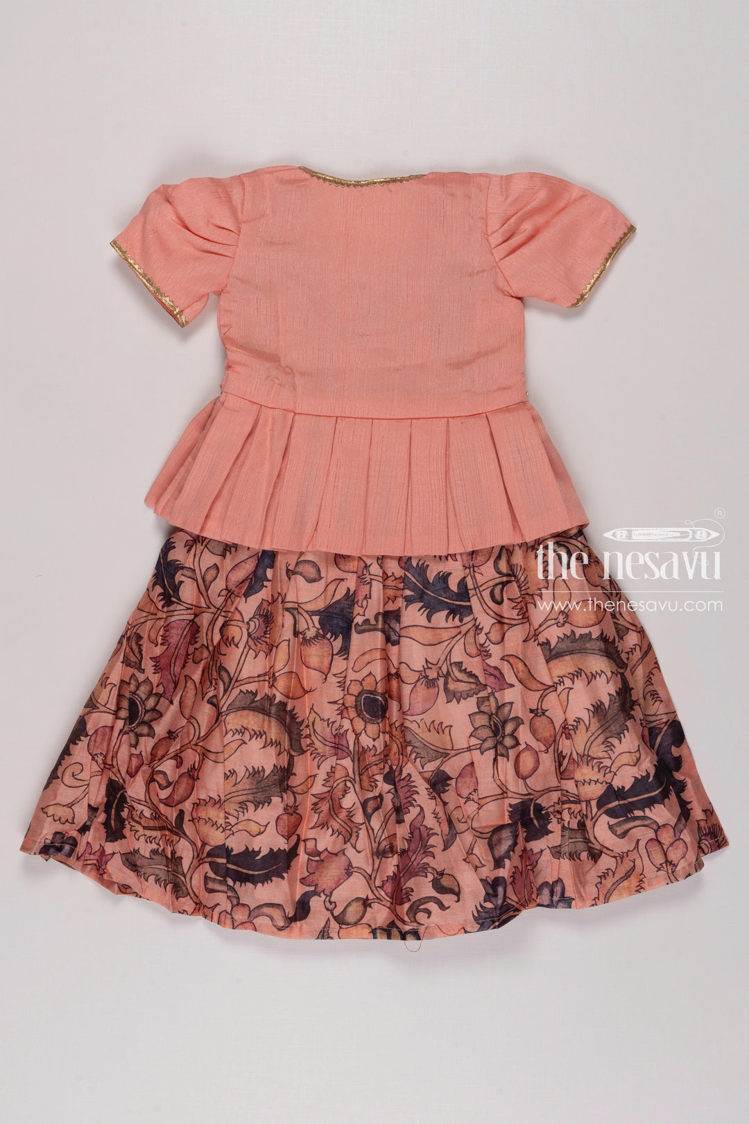 The Nesavu Girls Silk Gown Peach Blossom: Elegant Floral Peplum Anarkali Dress for Girls Nesavu Girls Peach Floral Peplum Dress | Modern with Traditional | The Nesavu