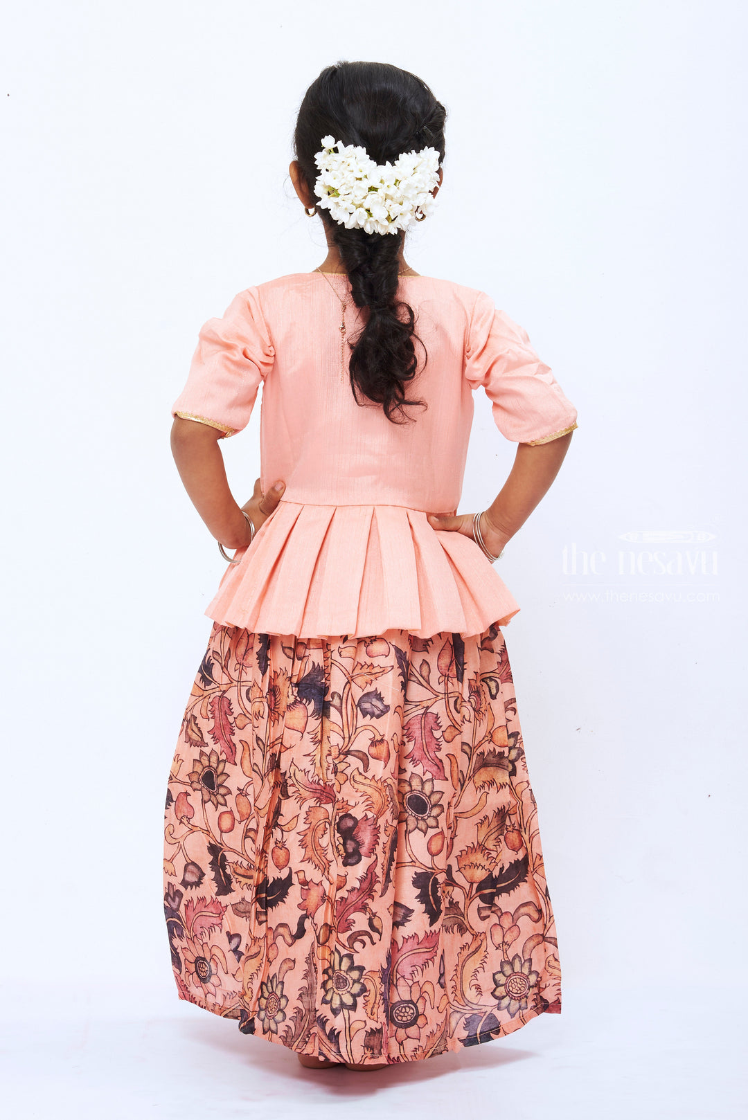 The Nesavu Girls Silk Gown Peach Blossom: Elegant Floral Peplum Anarkali Dress for Girls Nesavu Girls Peach Floral Peplum Dress | Modern with Traditional | The Nesavu