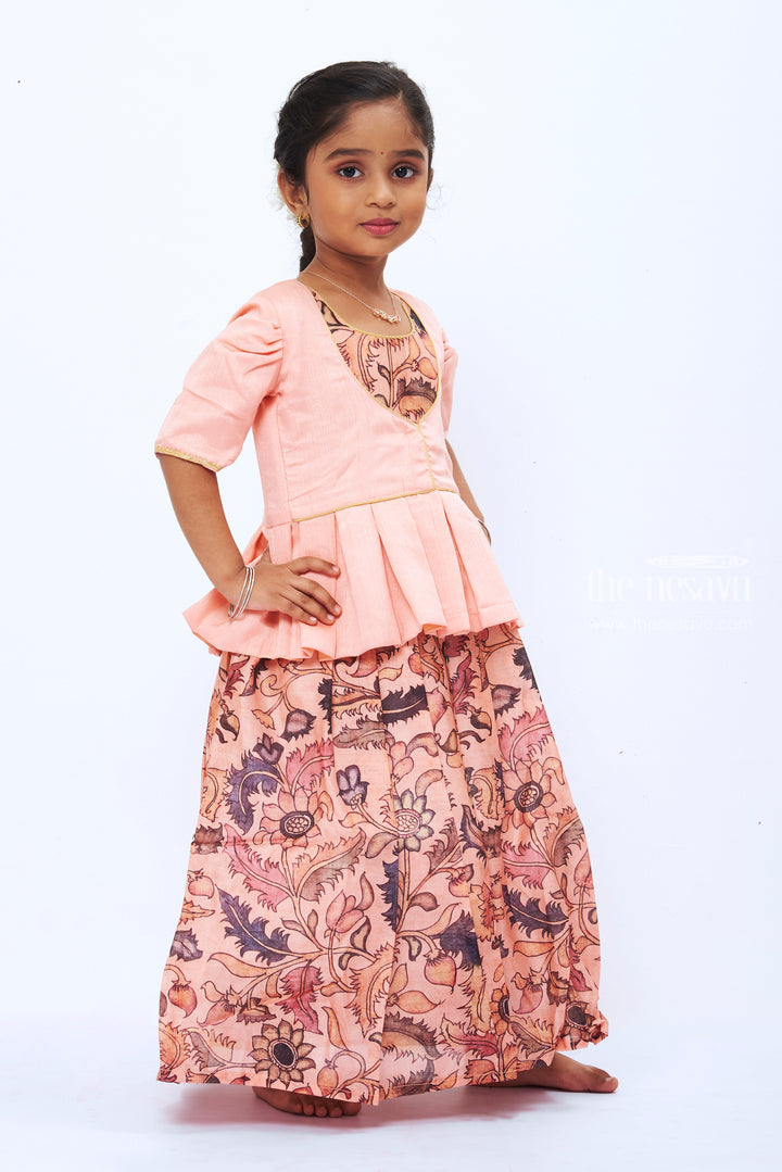 The Nesavu Girls Silk Gown Peach Blossom: Elegant Floral Peplum Anarkali Dress for Girls Nesavu Girls Peach Floral Peplum Dress | Modern with Traditional | The Nesavu