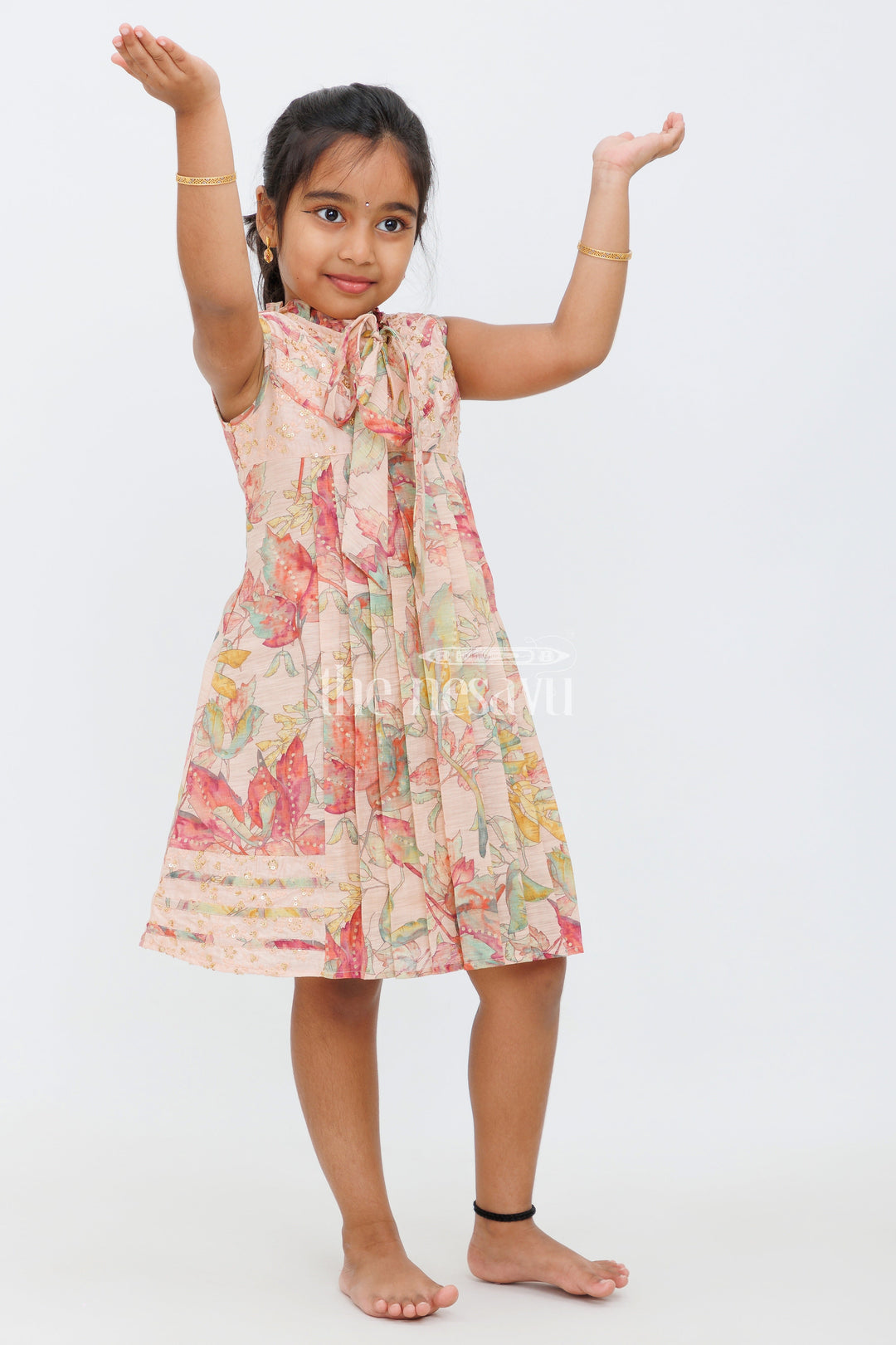 The Nesavu Girls Cotton Frock Peach Chanderi Frock with Watercolor Floral Print and Pleated Design for Girls Nesavu 22 (4Y) / Peach GFC1398B-22 Peach Chanderi Frock with Floral Print and Pleats for Girls Nesavu