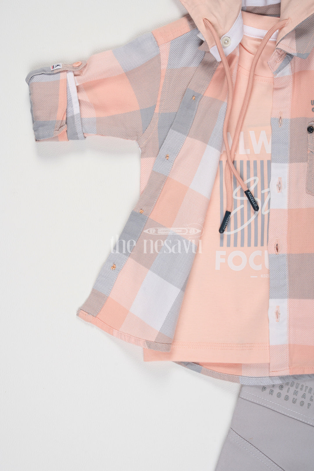 The Nesavu Boys Casual Set Peach Checked Hooded Shirt and Gray Pant Set for Boys Nesavu Peach Checked Hooded Shirt and Gray Pant Set for Boys - Nesavu