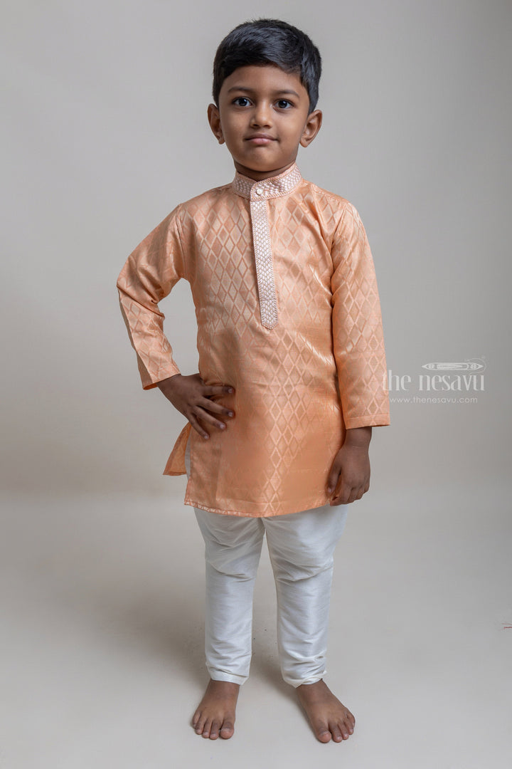 The Nesavu Boys Kurtha Set Peach Kurta With Designer Embellished Collar And Complimenting White Pants Nesavu 16 (1Y) / Orange / Silk Blend BES262C Ethnic Wear Kurta And Pyjama Pant For Boys| Sankranti Arrival| The Nesavu