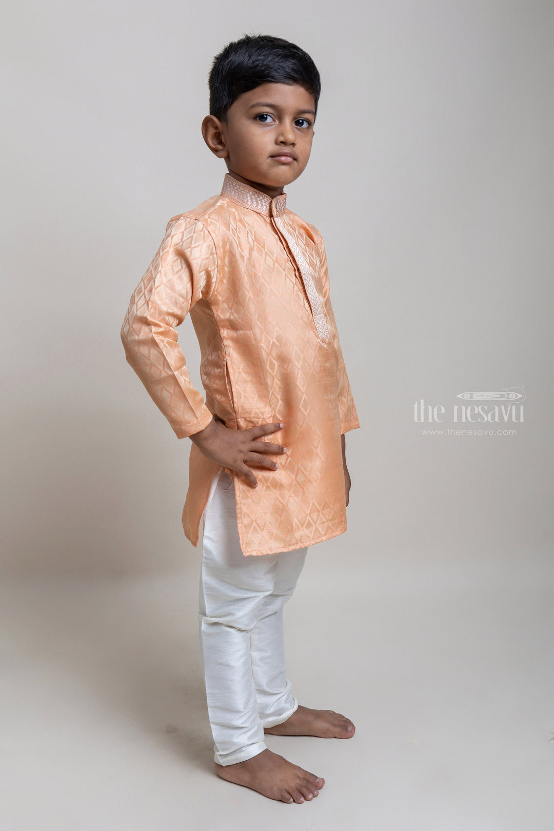 The Nesavu Boys Kurtha Set Peach Kurta With Designer Embellished Collar And Complimenting White Pants Nesavu Ethnic Wear Kurta And Pyjama Pant For Boys| Sankranti Arrival| The Nesavu