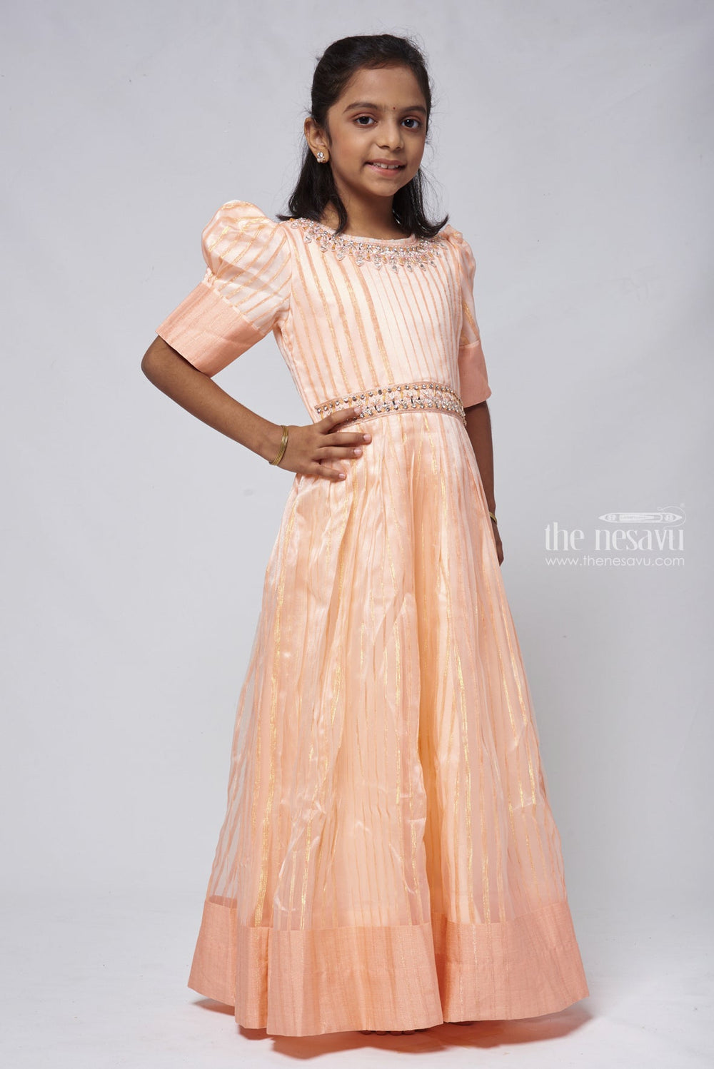 The Nesavu Party Gown Peach Organza Party Wear Gown Dress with Faux Mirror Embellished Hip Band Nesavu Peach Organza Party Wear Gown Dress with Faux Mirror Embellished Hip Band | The Nesavu