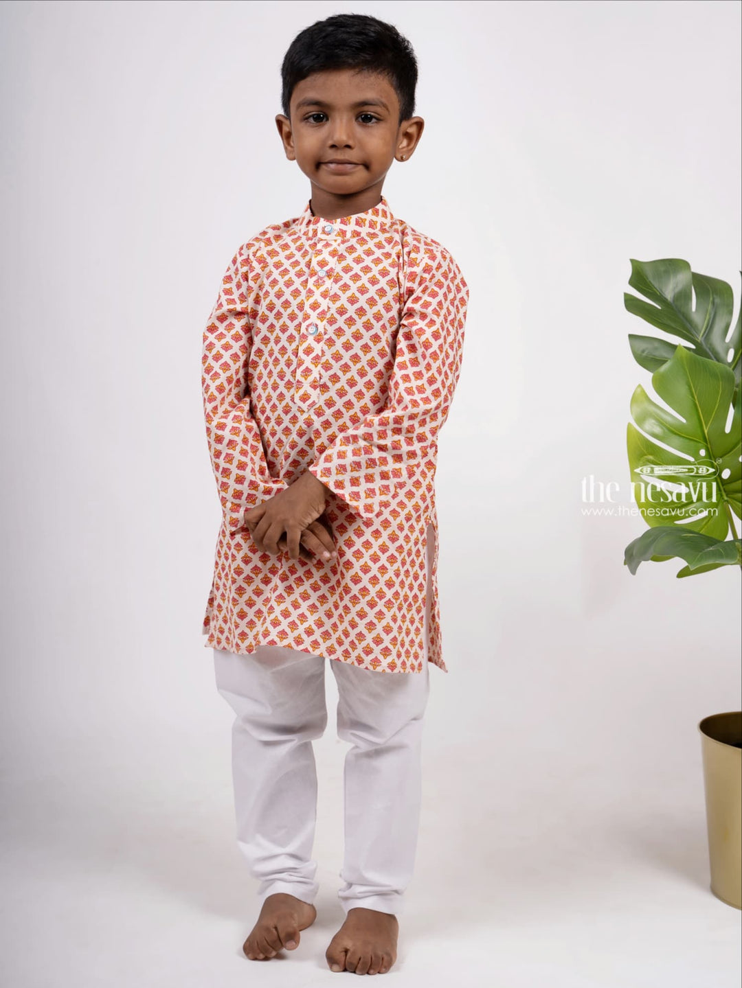 The Nesavu Boys Kurtha Set Peach Pink Floral Block Print Inspired Boys Ethnic Kurta Set Nesavu 16 (1Y) / Orange BES100-16 Stylish Party Wear Kurta For Boys | Designer Ethnics | The Nesavu