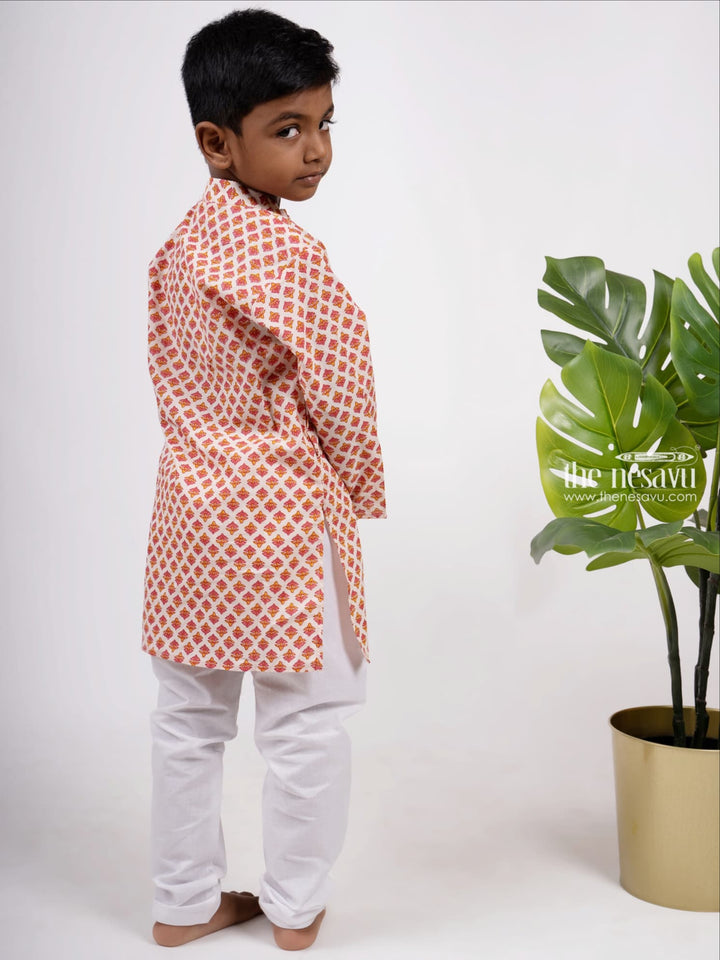 The Nesavu Boys Kurtha Set Peach Pink Floral Block Print Inspired Boys Ethnic Kurta Set Nesavu Stylish Party Wear Kurta For Boys | Designer Ethnics | The Nesavu