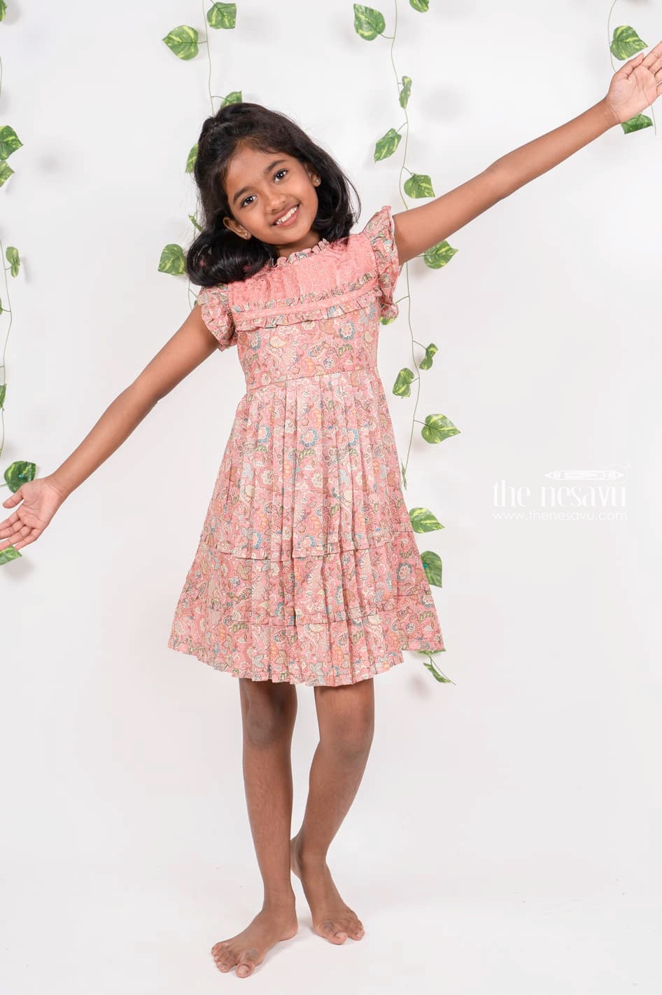 The Nesavu Girls Cotton Frock Peach Pink Knife-Pleated Cotton Party Wear For Baby Girls Nesavu Shop Cotton Gowns For Girls | Designer Yoke Cotton Frocks | The Nesavu