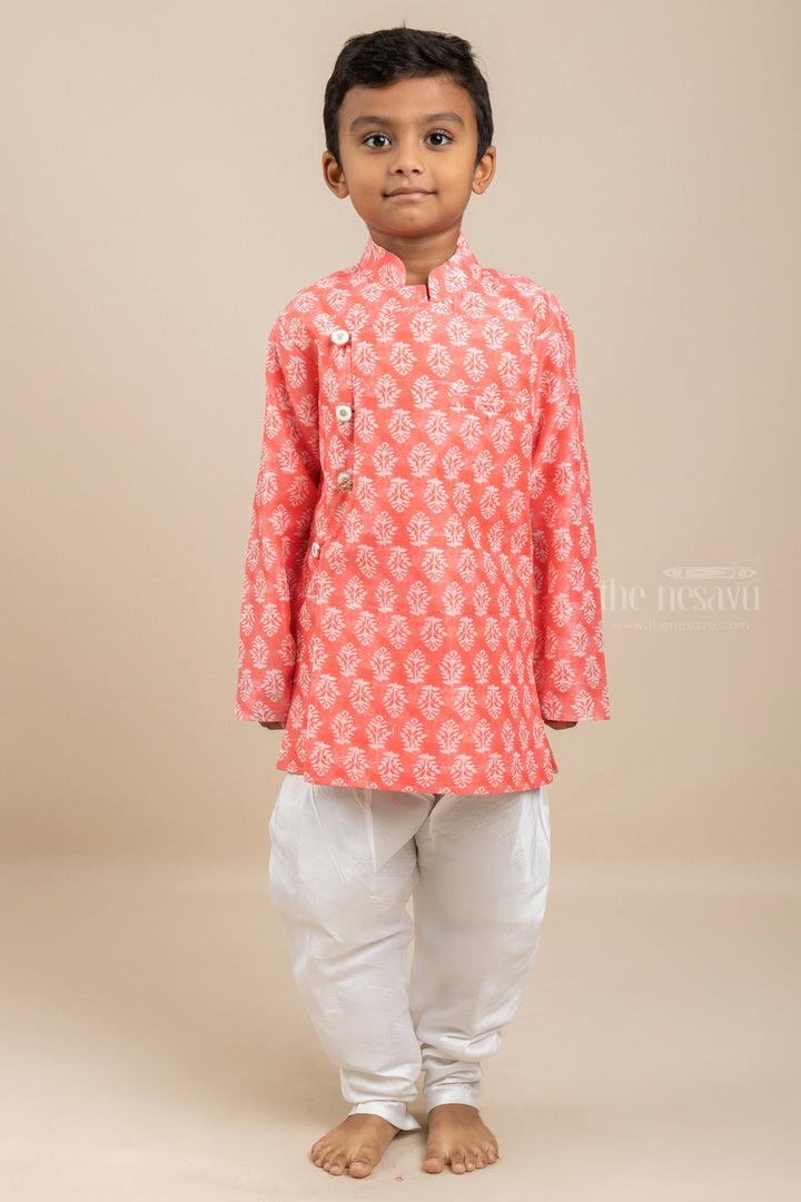 The Nesavu Boys Kurtha Set Peach Pink Side Buttoned Readymade Kurta Wear For Baby Boys Nesavu 12 (3M) / Orange / Chanderi BES110-12 Top 10 Kurta Design Ideas Online | Stylish Cotton Ethnic For Boys | The Nesavu
