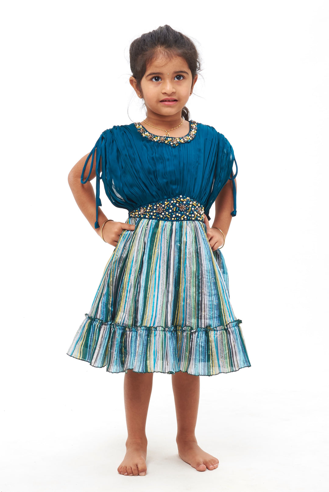 The Nesavu Girls Fancy Party Frock Pearl & Bead Embroidered with Multicolor Striped Patry Frock - Elegant Party Dress for Girls Nesavu 16 (1Y) / Blue / Poly Georgette PF162A-16 Pearl & Bead Embellished Party Frock | Elegant Party Dresses for Little Girls | The Nesavu