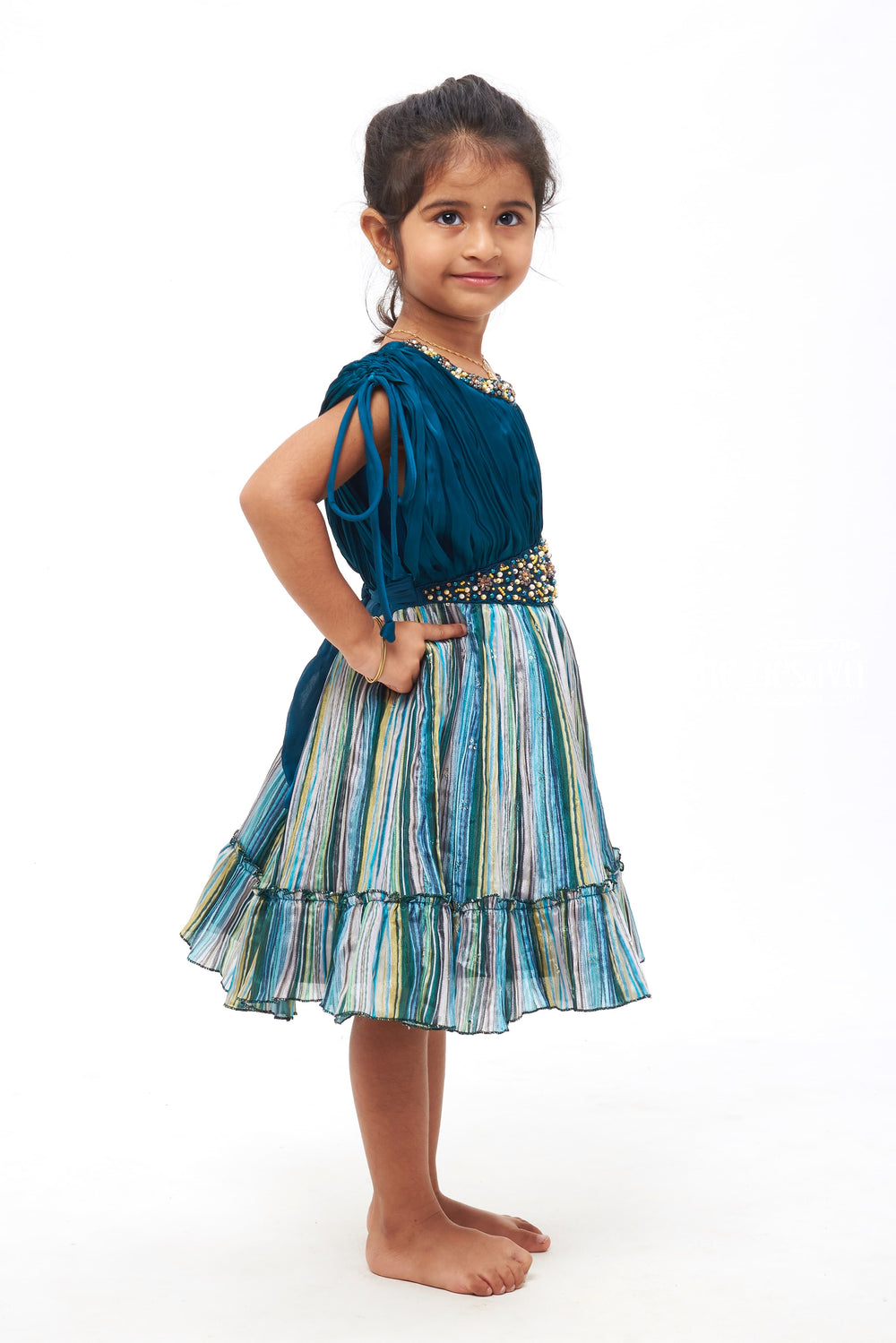 The Nesavu Girls Fancy Party Frock Pearl & Bead Embroidered with Multicolor Striped Patry Frock - Elegant Party Dress for Girls Nesavu Pearl & Bead Embellished Party Frock | Elegant Party Dresses for Little Girls | The Nesavu