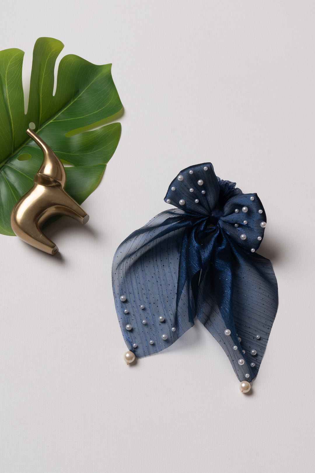 The Nesavu Scrunchies / Rubber Band Pearl-Embellished Blue Satin Bow Hairband for Girls Nesavu Blue JHS26C Girls Blue Pearl Bow Hairband | Playful & Elegant | The Nesavu