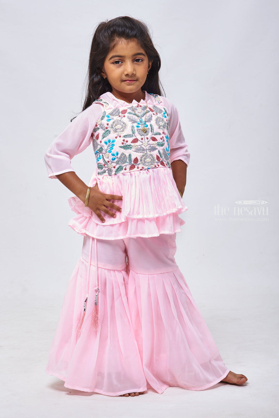 The Nesavu Girls Sharara / Plazo Set Pearl & Resham Embroidered Pink Kurti with Sharara: Timeless Beauty for Girls Nesavu 24 (5Y) / Pink / Georgette GPS185A-24 Kurti and Sharara Set for Kids | Premium Ethnic Collection | The Nesavu