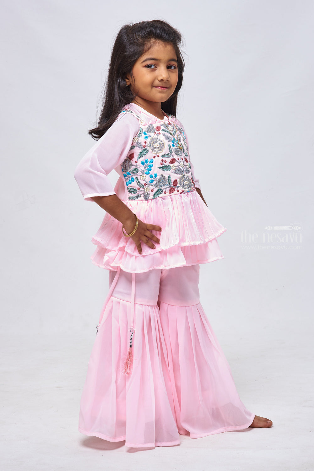 The Nesavu Girls Sharara / Plazo Set Pearl & Resham Embroidered Pink Kurti with Sharara: Timeless Beauty for Girls Nesavu Kurti and Sharara Set for Kids | Premium Ethnic Collection | The Nesavu