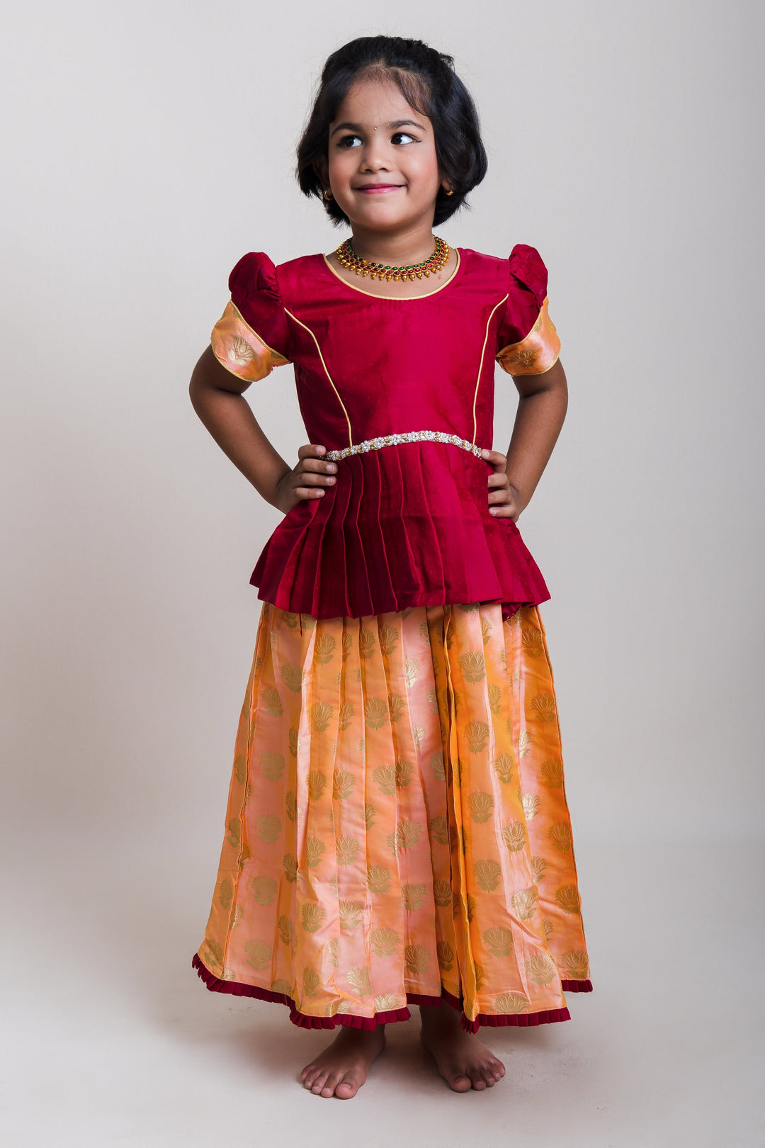 The Nesavu Pattu Pavadai Peplum Maroon Blouse And Pink Shaded Brocade Printed Silk Skirt For Girls Nesavu 14 (6M) / Maroon / Jacquard GPP248B-14 Maroon And Pink Pattu Pavadai| Peplum Blouse Design Patterns| The Nesavu
