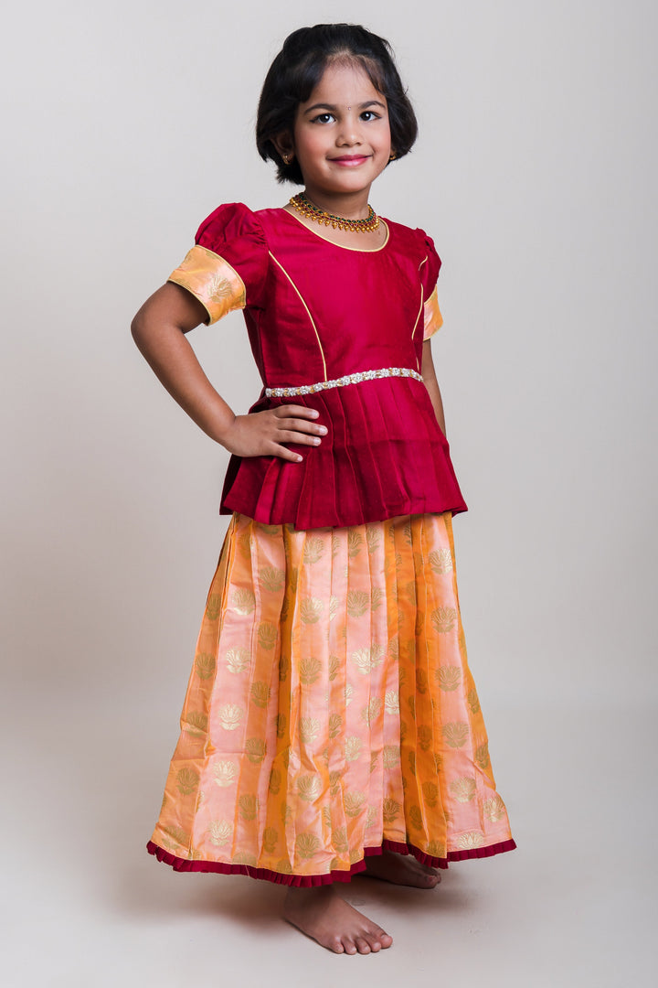 The Nesavu Pattu Pavadai Peplum Maroon Blouse And Pink Shaded Brocade Printed Silk Skirt For Girls Nesavu Maroon And Pink Pattu Pavadai| Peplum Blouse Design Patterns| The Nesavu