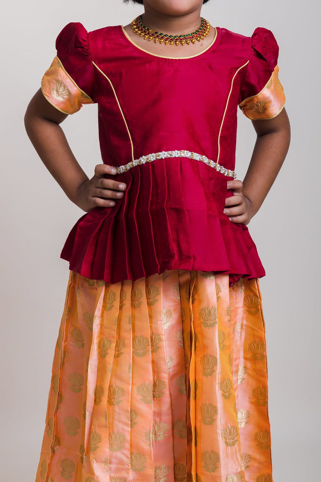 The Nesavu Pattu Pavadai Peplum Maroon Blouse And Pink Shaded Brocade Printed Silk Skirt For Girls Nesavu Maroon And Pink Pattu Pavadai| Peplum Blouse Design Patterns| The Nesavu