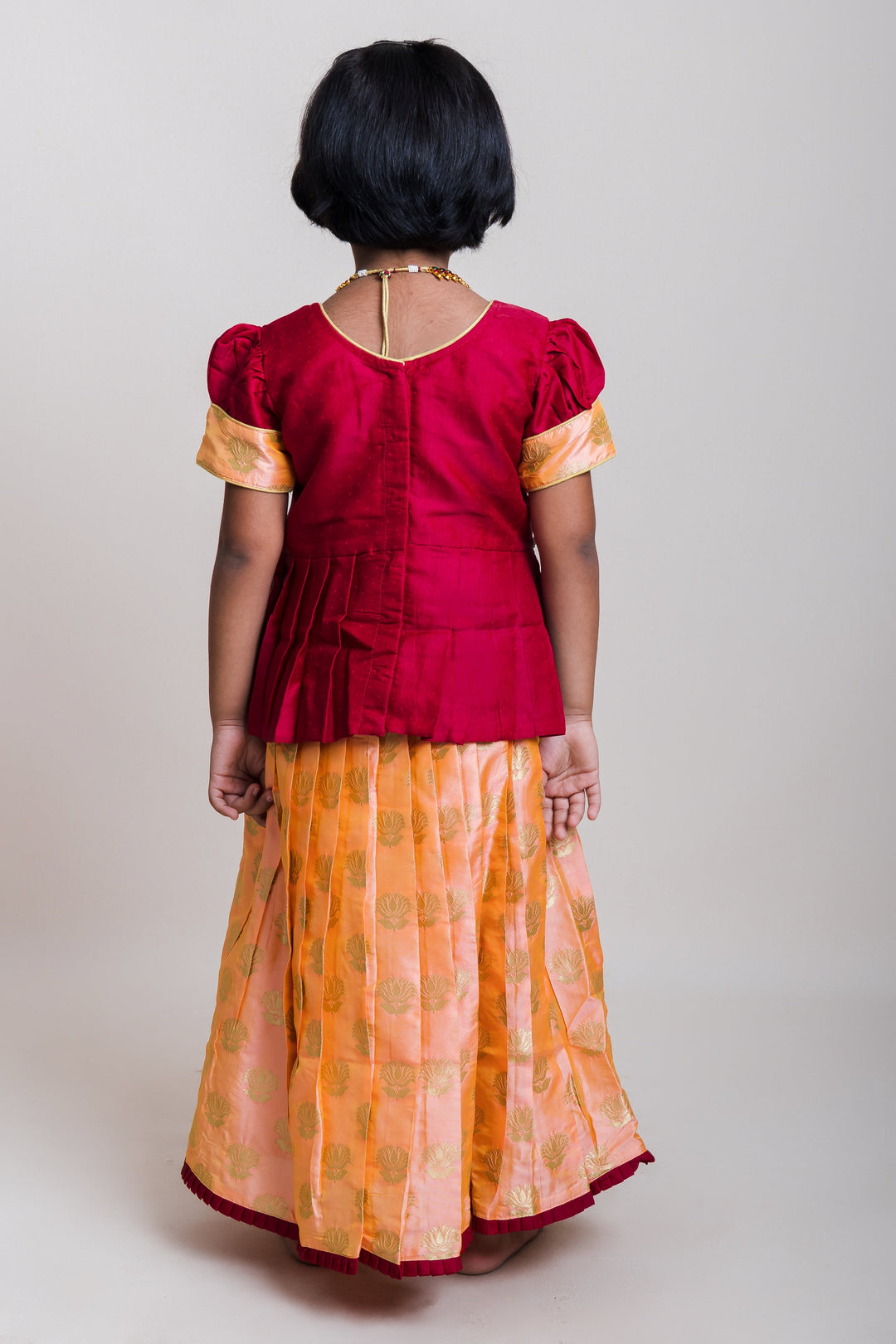 The Nesavu Pattu Pavadai Peplum Maroon Blouse And Pink Shaded Brocade Printed Silk Skirt For Girls Nesavu Maroon And Pink Pattu Pavadai| Peplum Blouse Design Patterns| The Nesavu