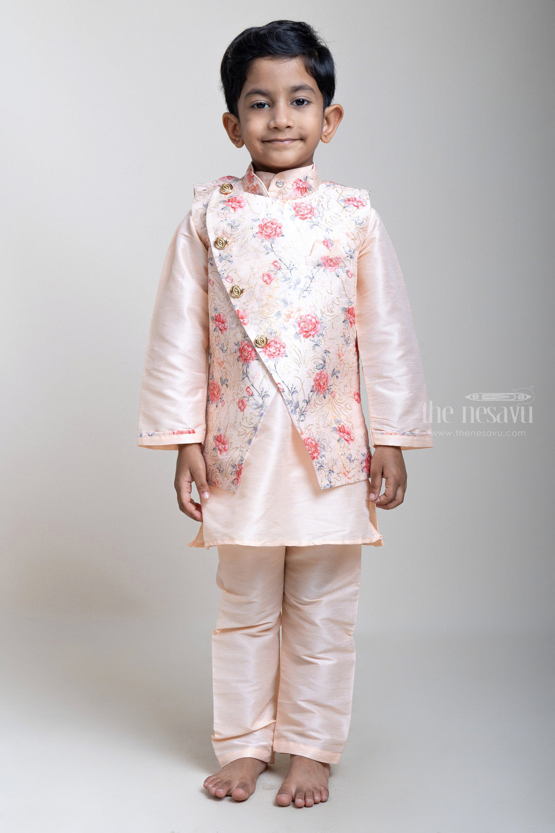 The Nesavu Boys Jacket Sets Perfect Pink Three Piece Kurta And Floral Printed Overcoat For Little Boys psr silks Nesavu 16 (1Y) / Beige / Silk Blend BES254C