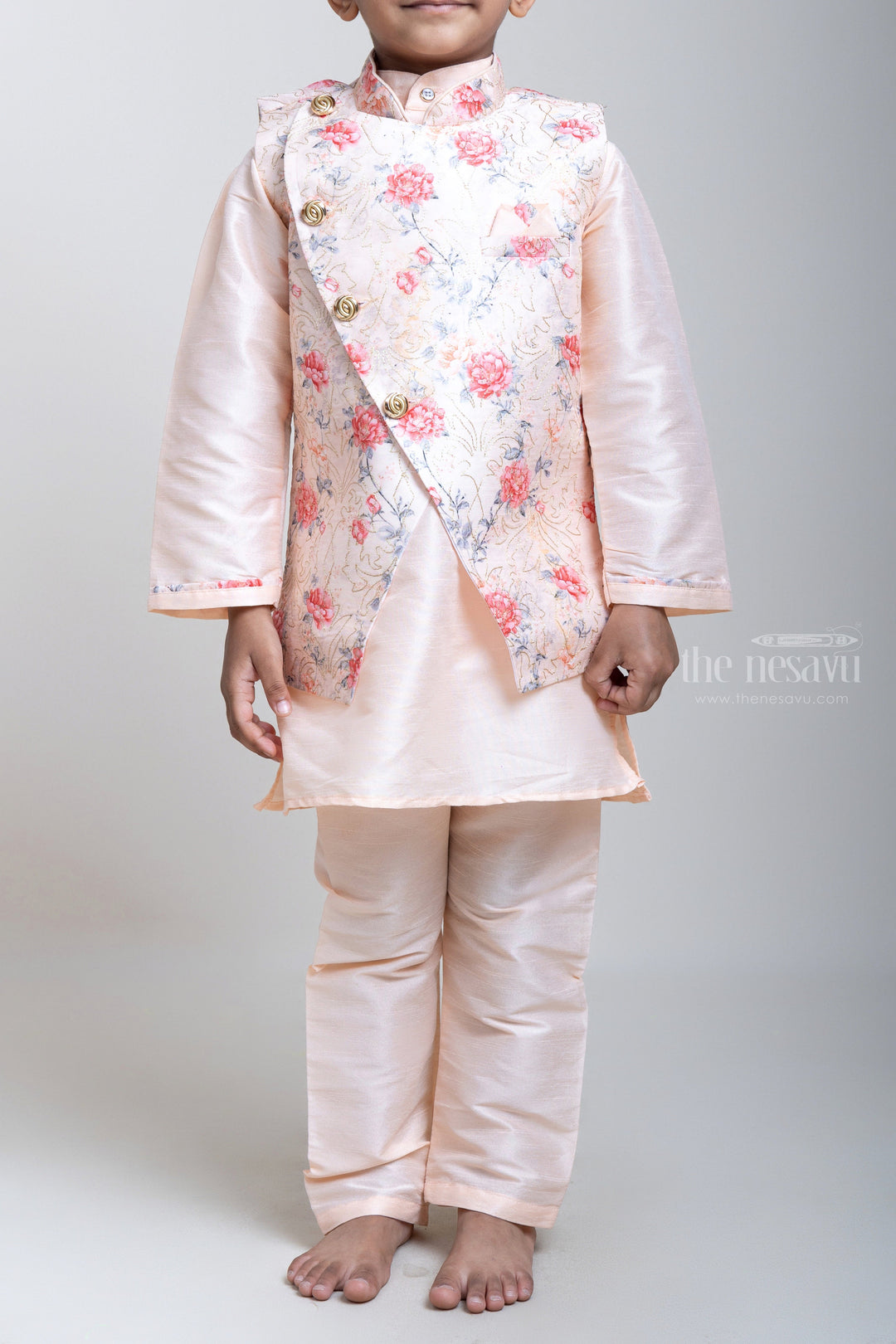 The Nesavu Boys Jacket Sets Perfect Pink Three Piece Kurta And Floral Printed Overcoat For Little Boys psr silks Nesavu