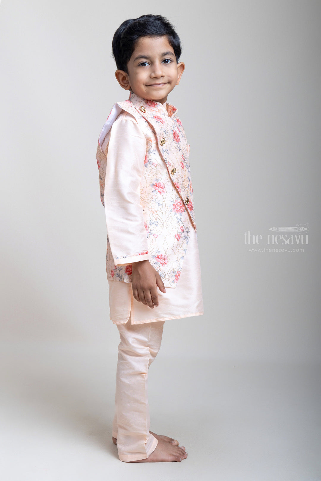 The Nesavu Boys Jacket Sets Perfect Pink Three Piece Kurta And Floral Printed Overcoat For Little Boys psr silks Nesavu